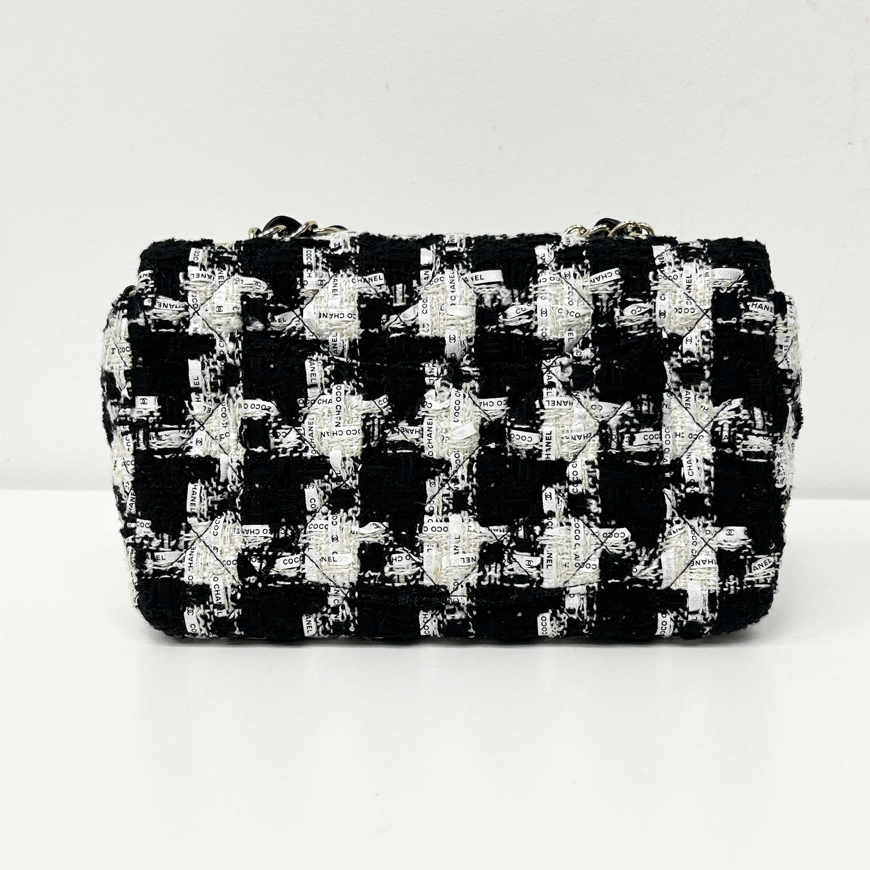 Black/Ecru/White Tweed Quilted Mini Rectangular Flap Bag w/LGHW