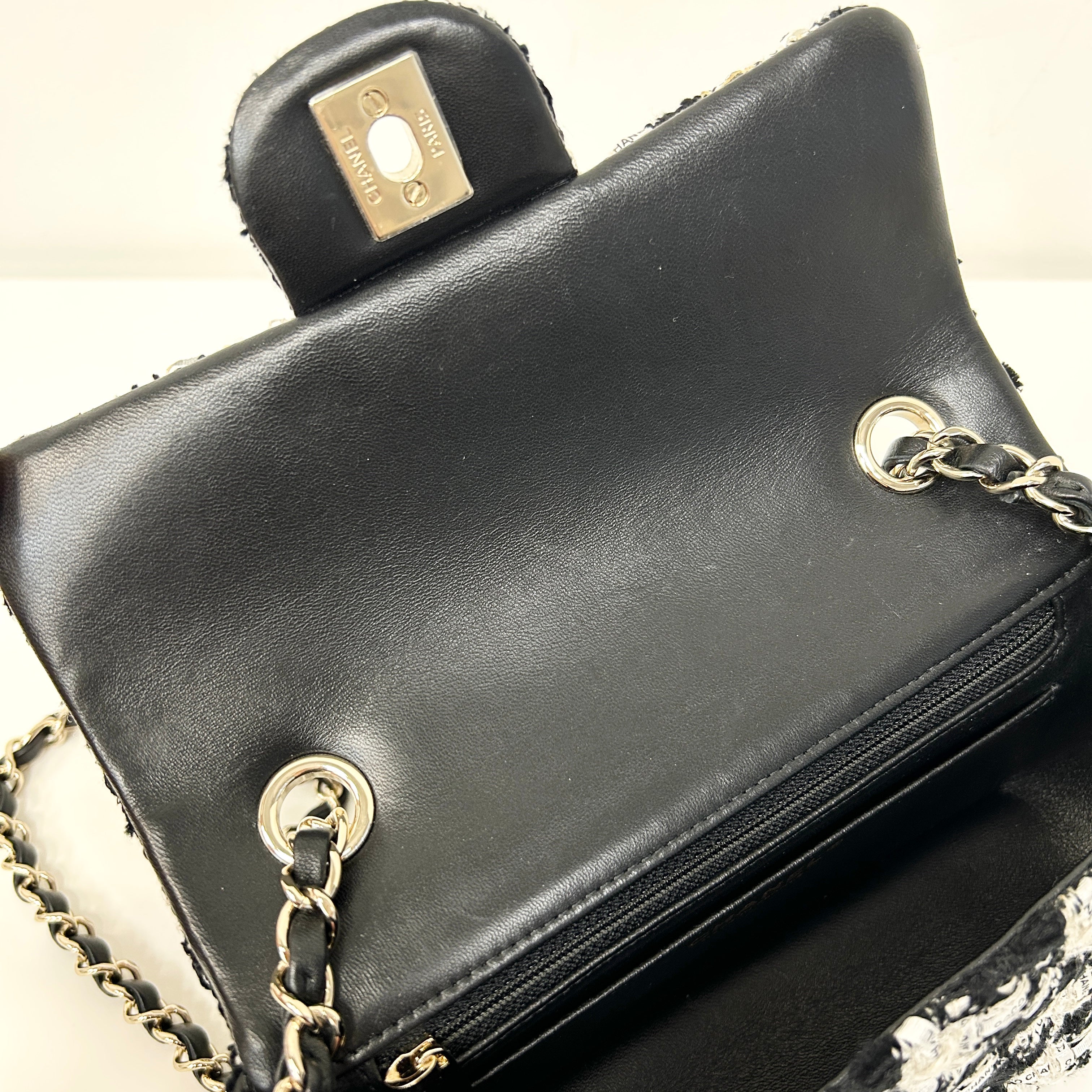 Black/Ecru/White Tweed Quilted Mini Rectangular Flap Bag w/LGHW