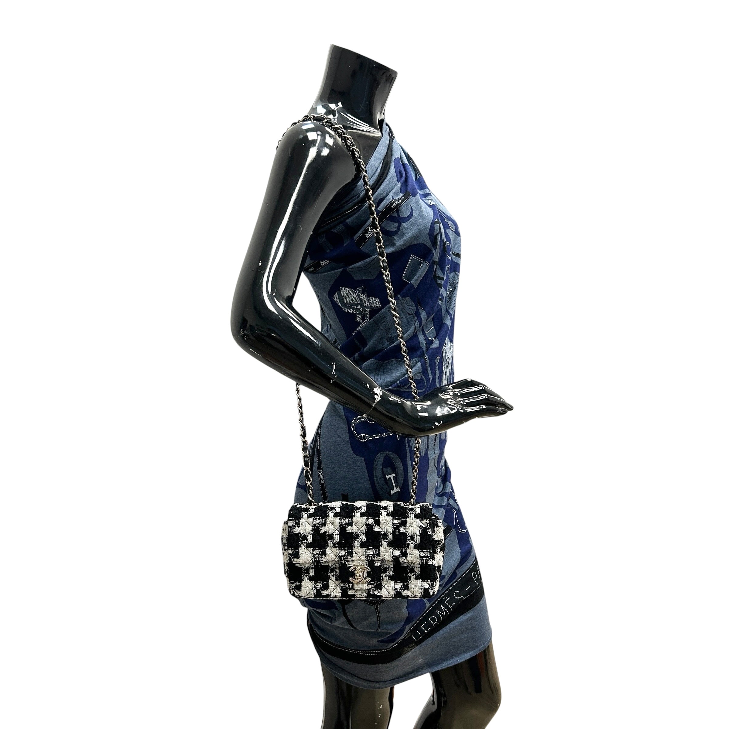 Black/Ecru/White Tweed Quilted Mini Rectangular Flap Bag w/LGHW