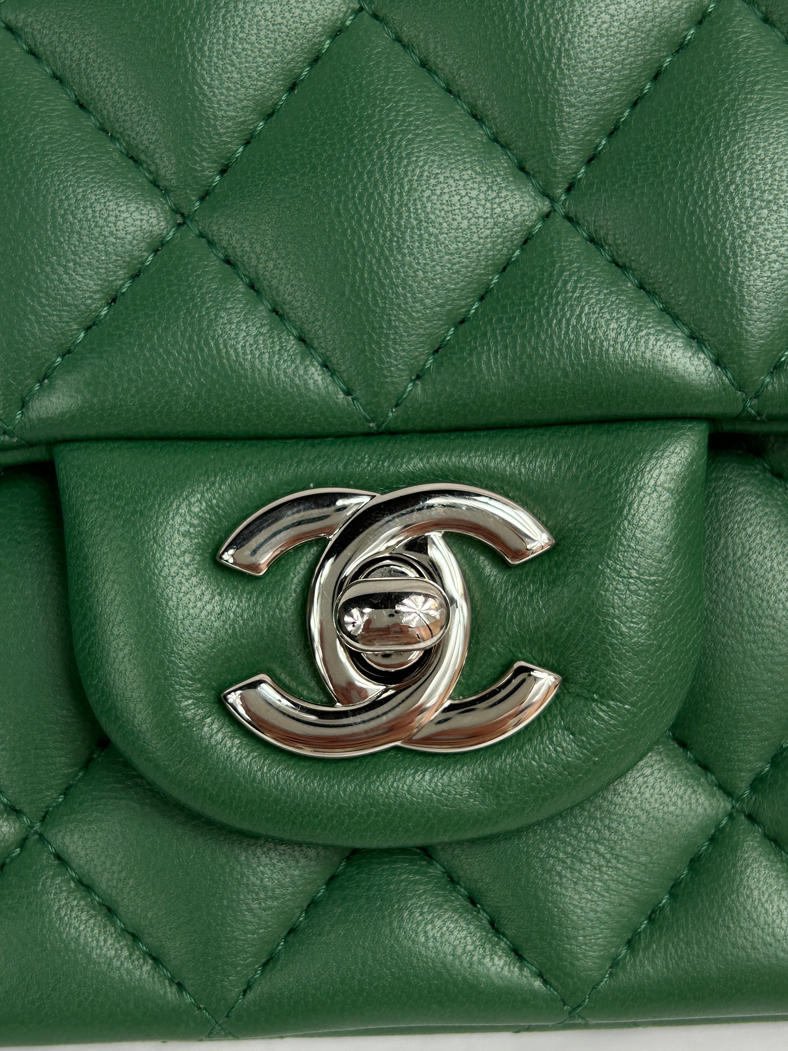 Green Quilted Lambskin Mini Rectangle Classic Flap w/SHW