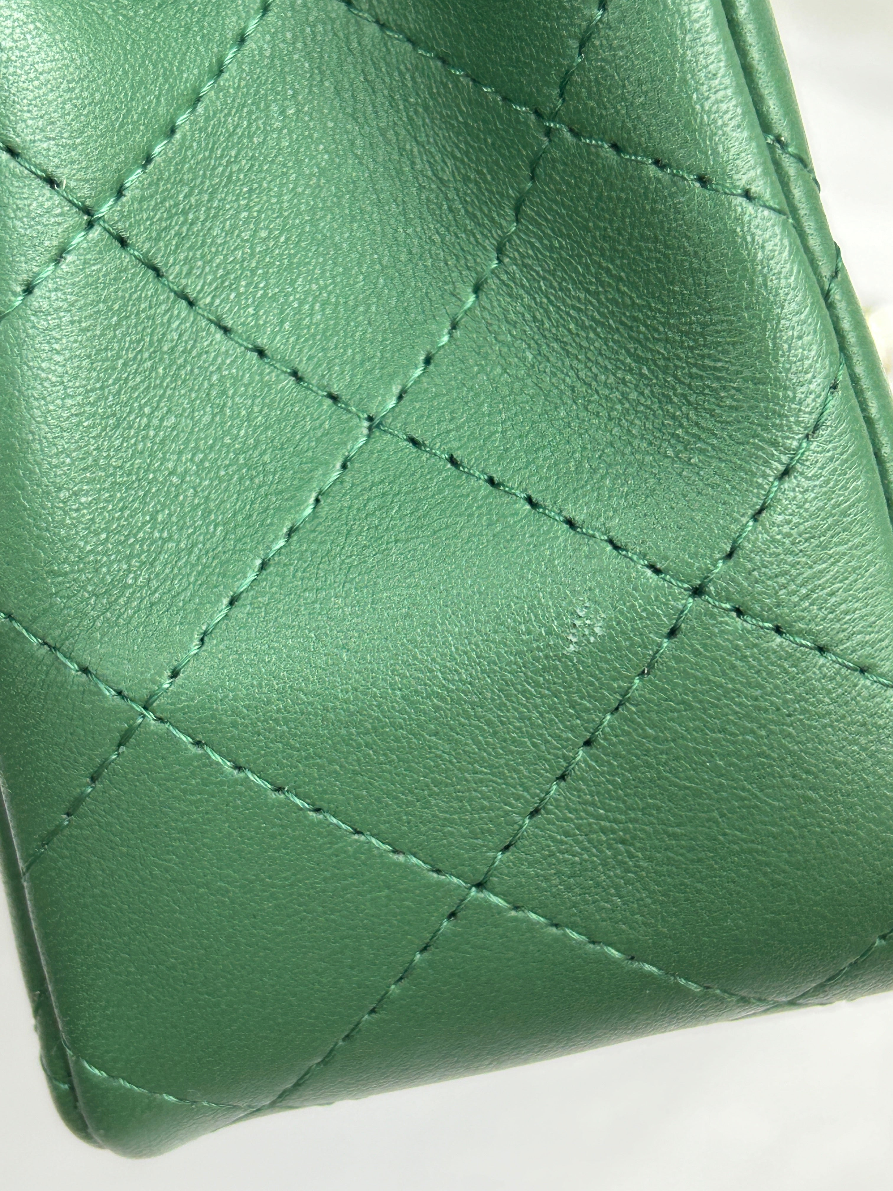 Green Quilted Lambskin Mini Rectangle Classic Flap w/SHW