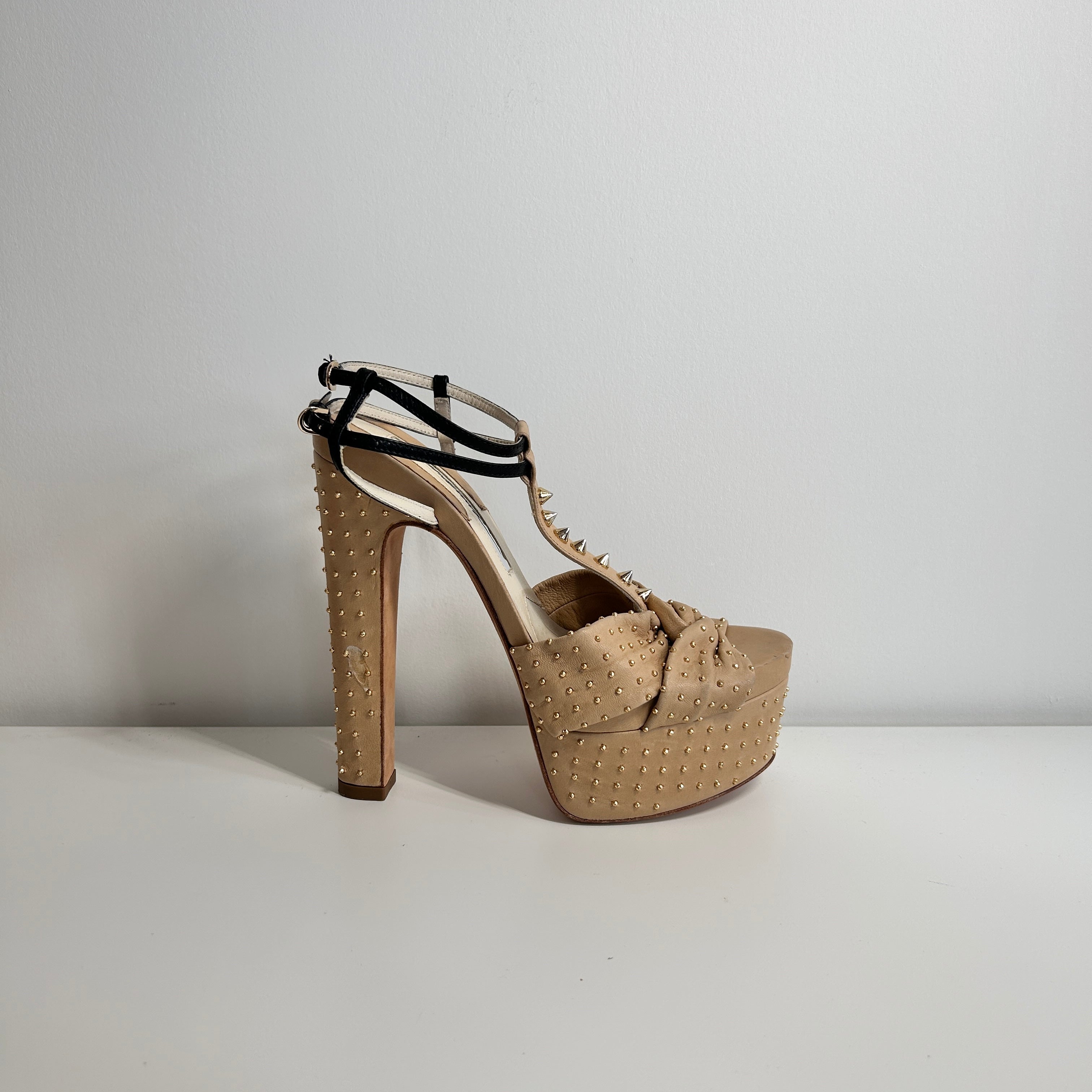 Beige Leather Platform Ankle Strap Sandals