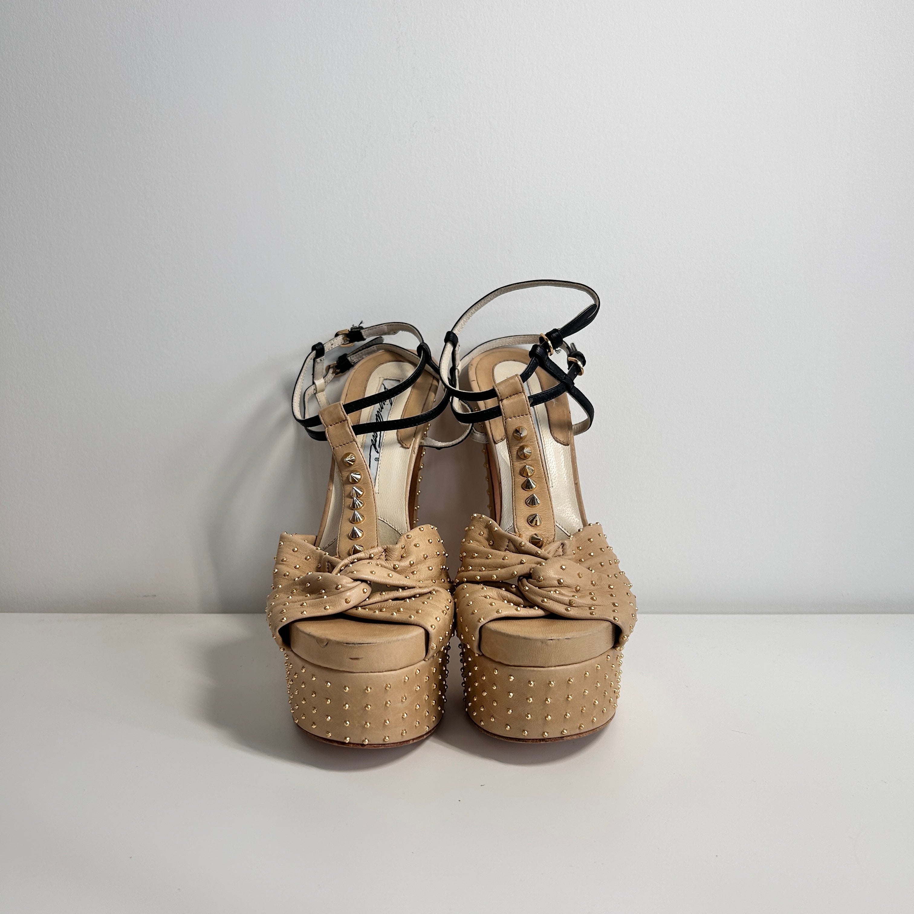 Beige Leather Platform Ankle Strap Sandals