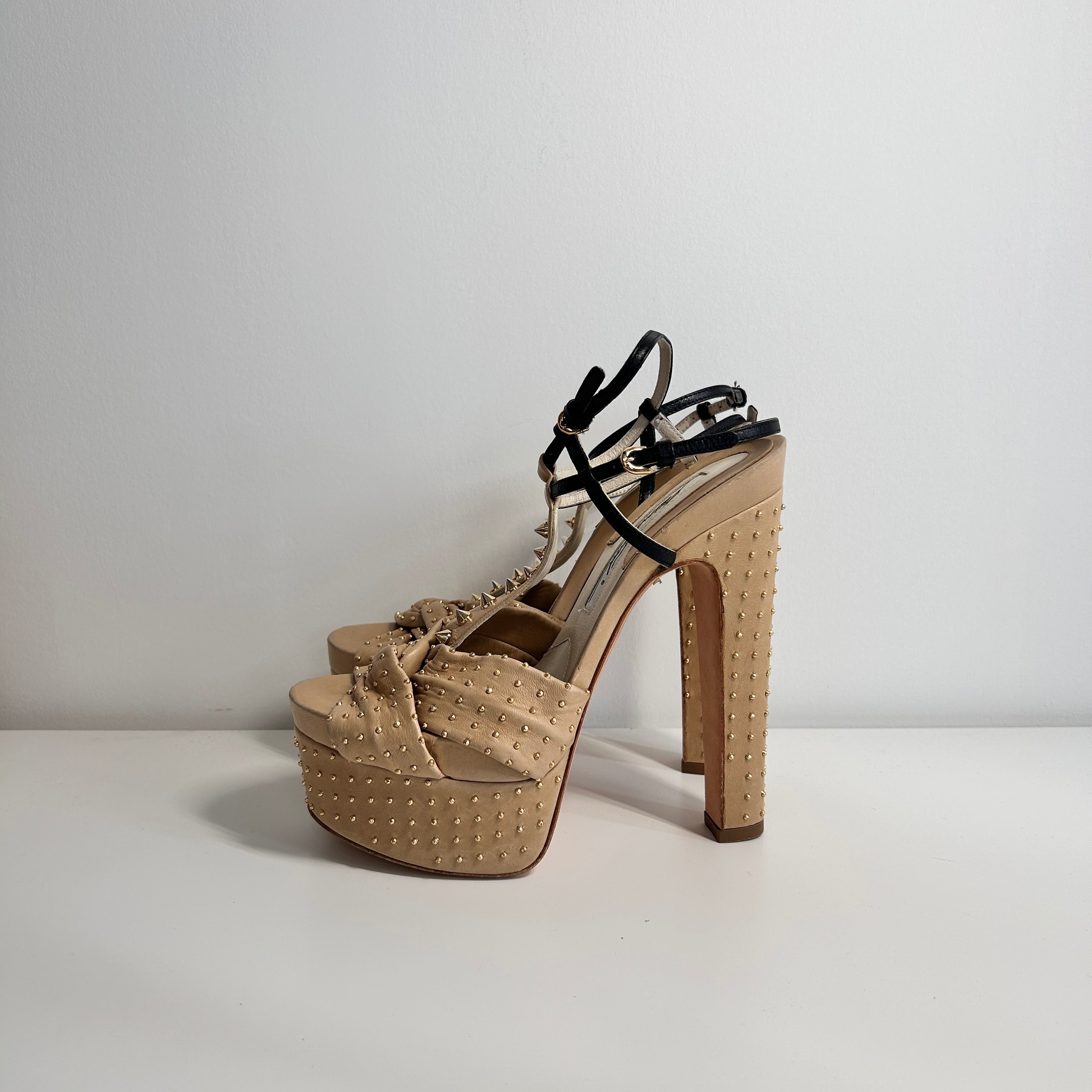 Beige Leather Platform Ankle Strap Sandals