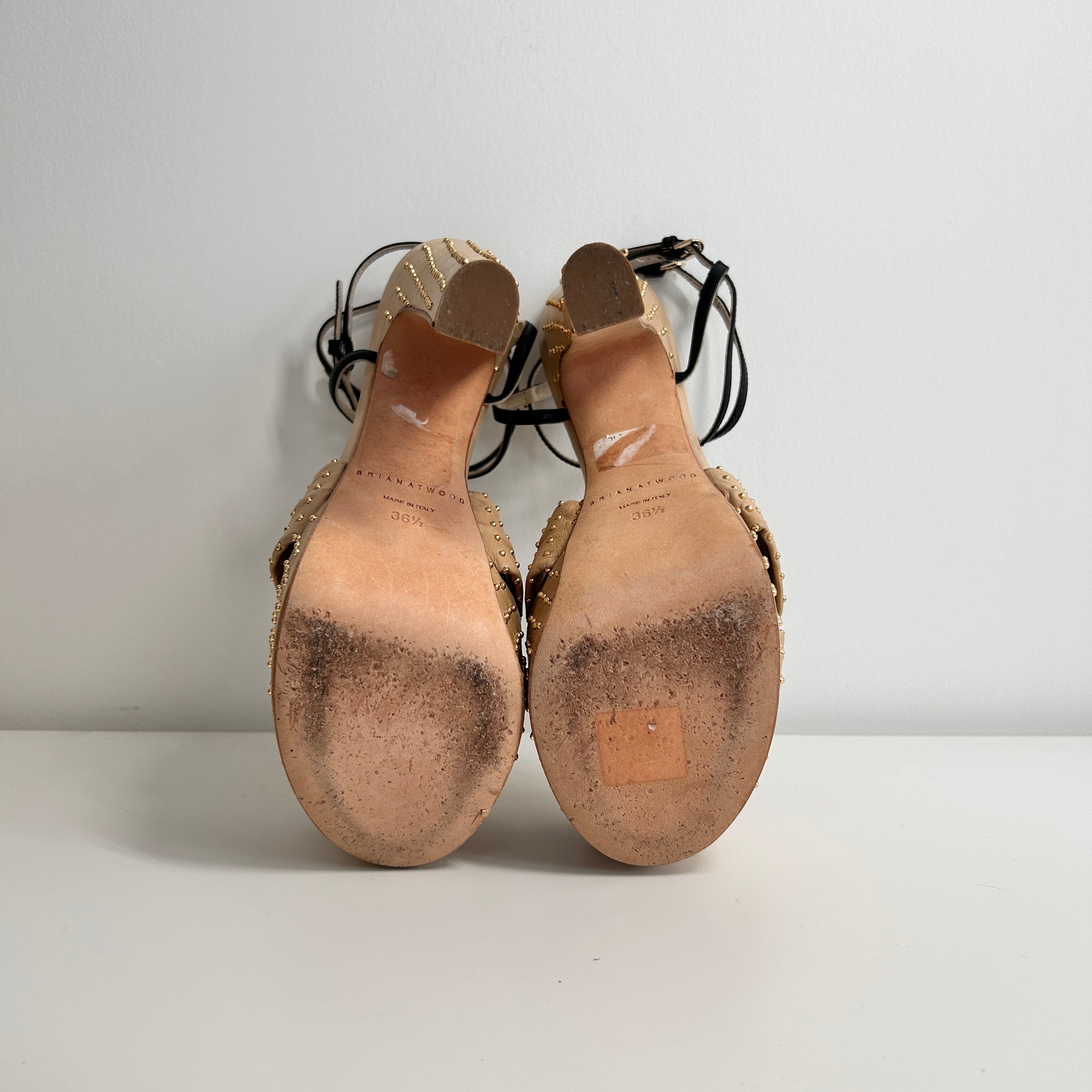 Beige Leather Platform Ankle Strap Sandals