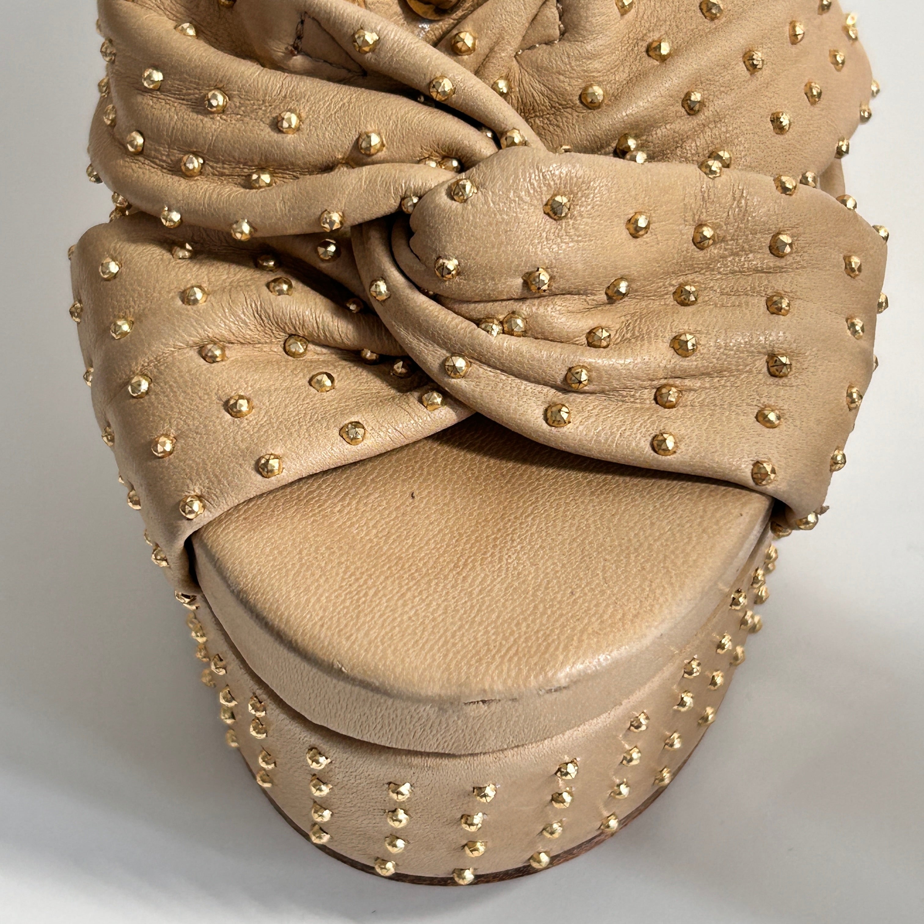 Beige Leather Platform Ankle Strap Sandals