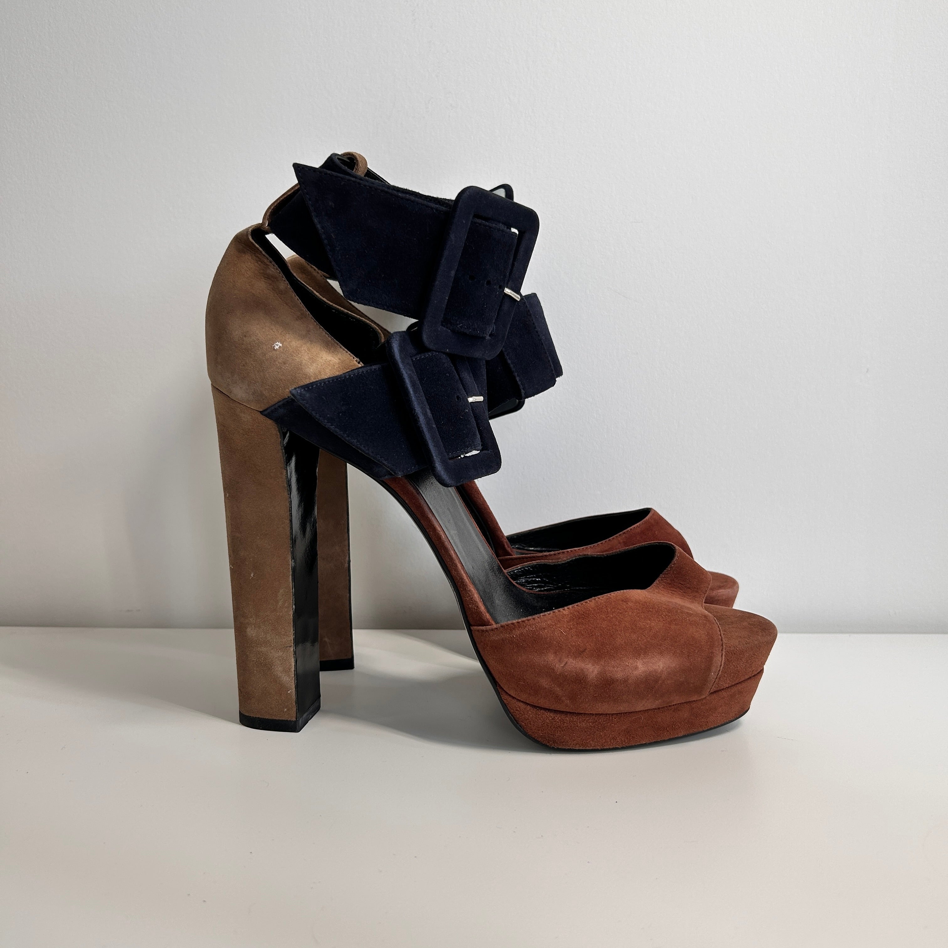 Brown/Black Suede Ankle Strap Platform Sandals
