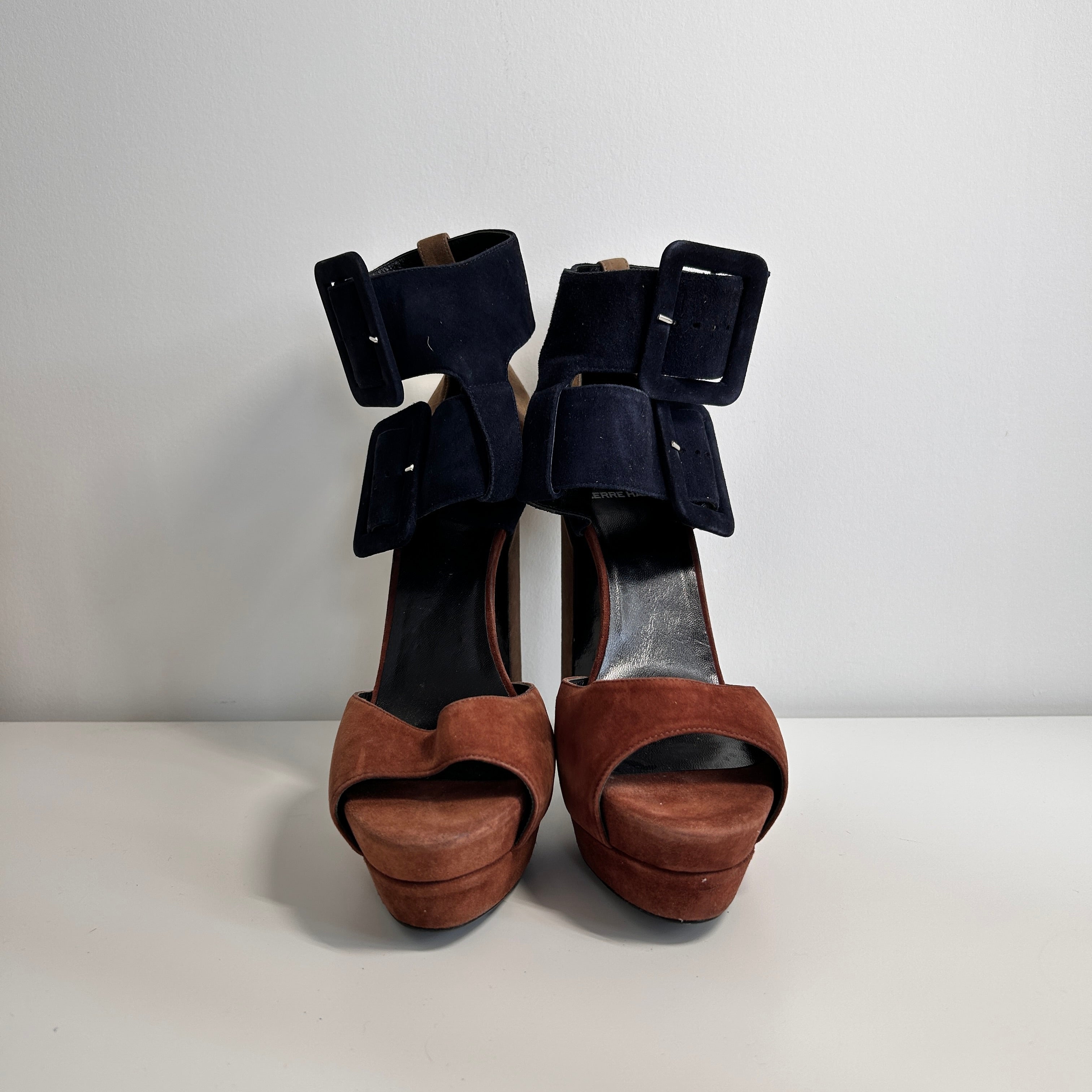 Brown/Black Suede Ankle Strap Platform Sandals