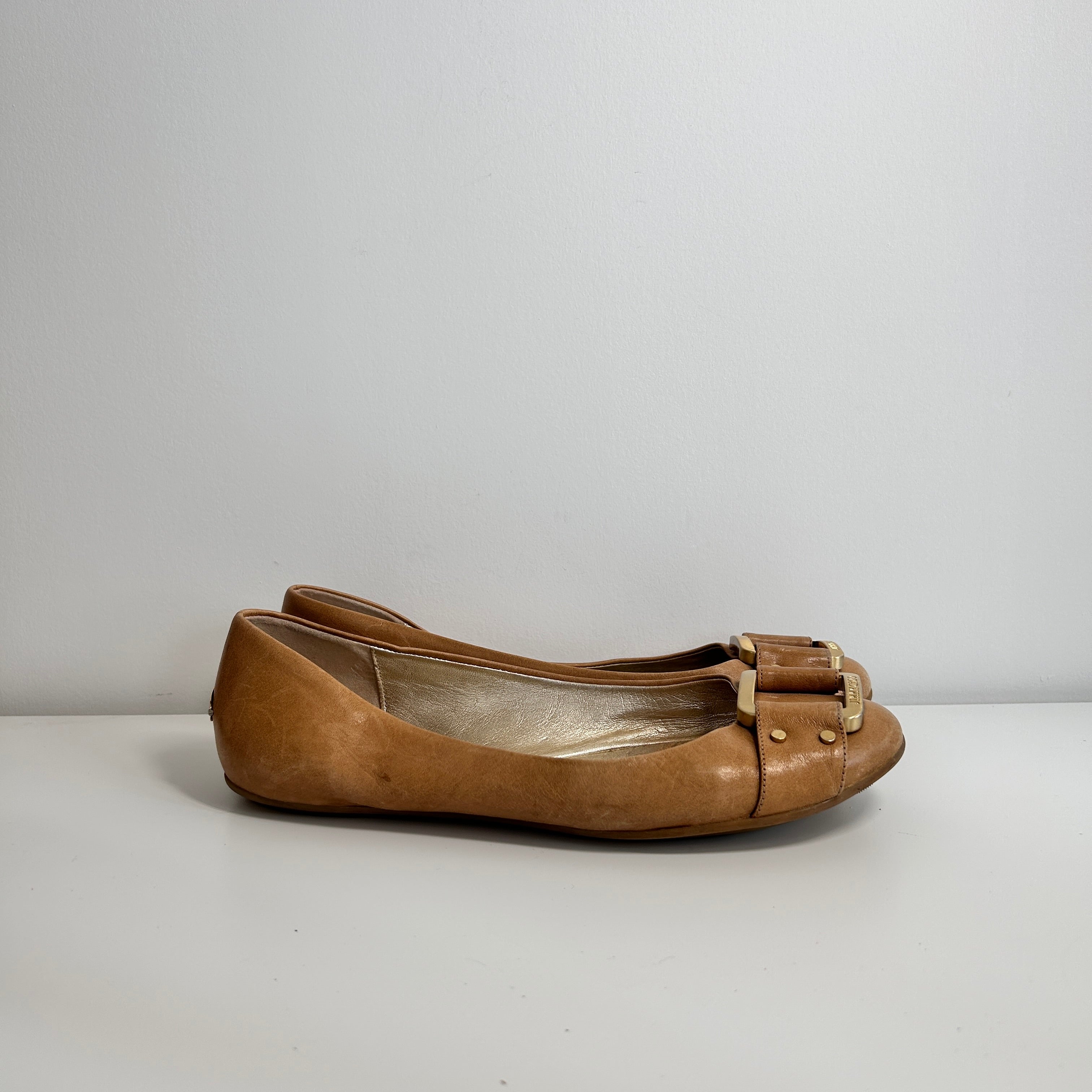 Beige Leather Buckle Detail Ballet Flats