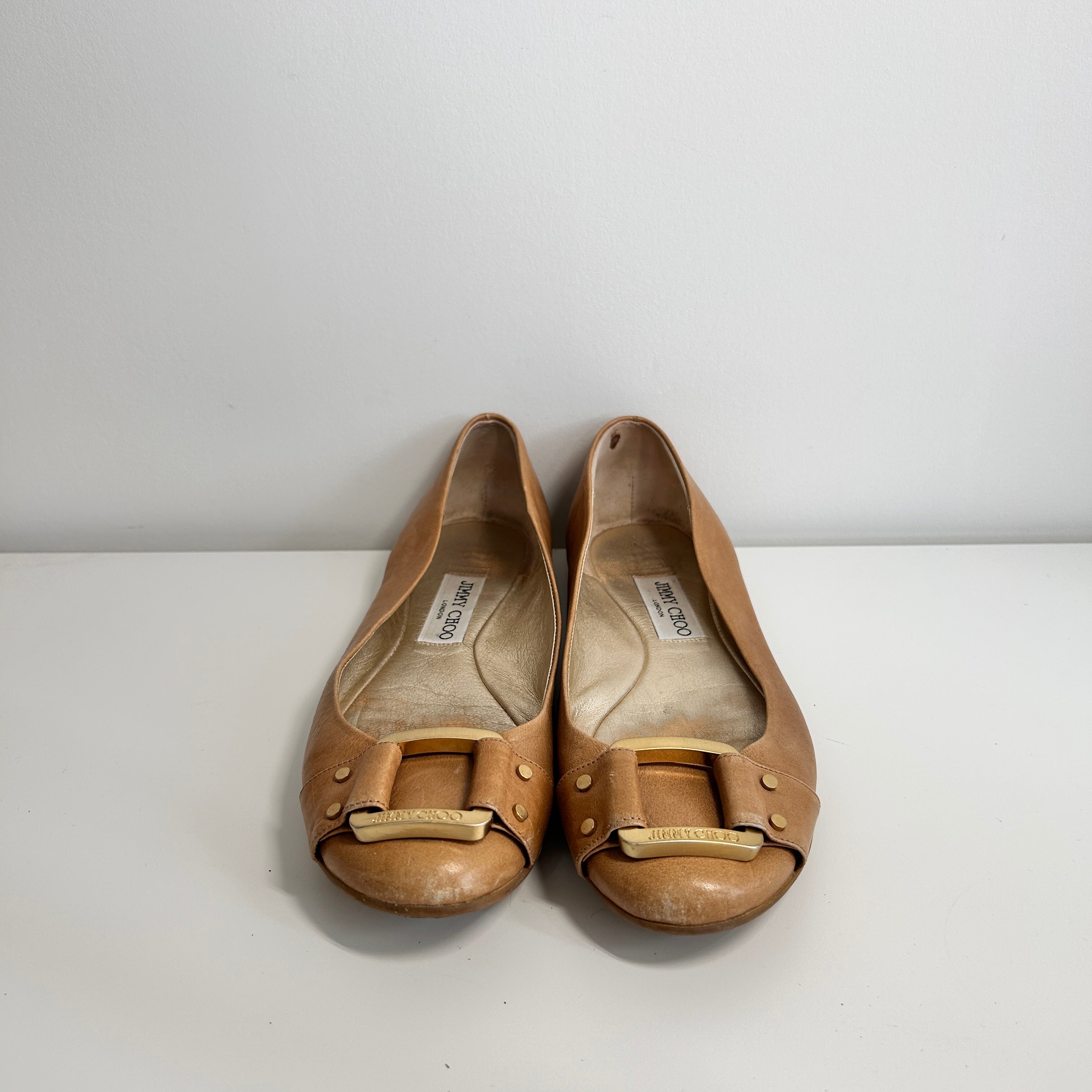 Beige Leather Buckle Detail Ballet Flats