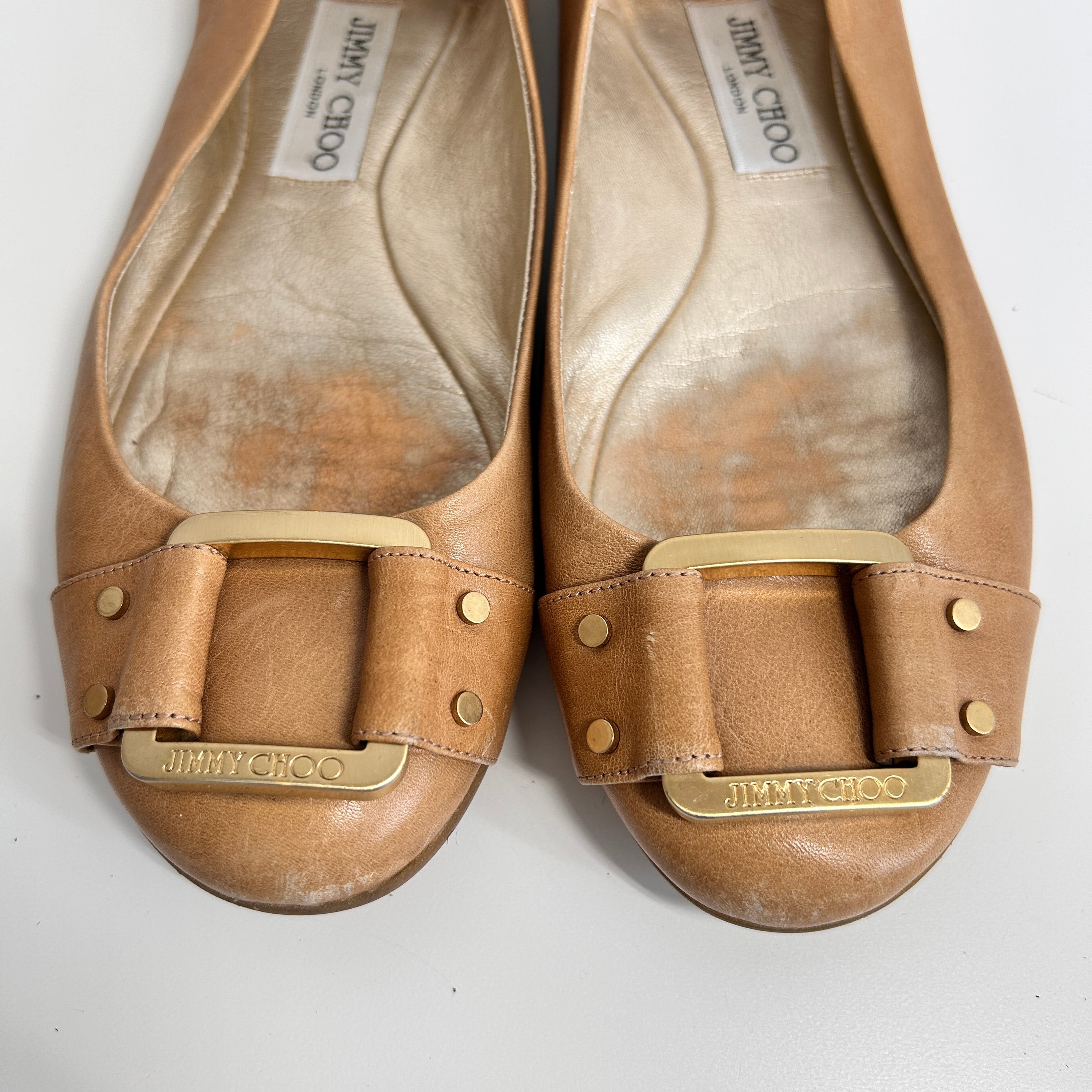Beige Leather Buckle Detail Ballet Flats