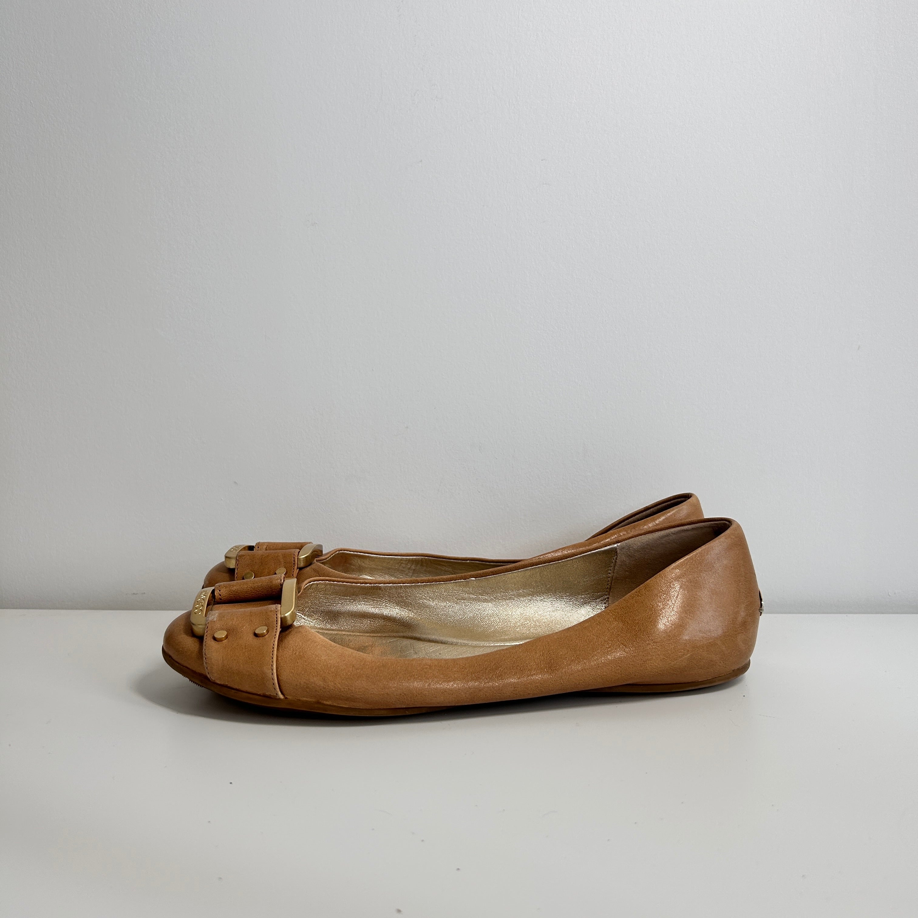 Beige Leather Buckle Detail Ballet Flats