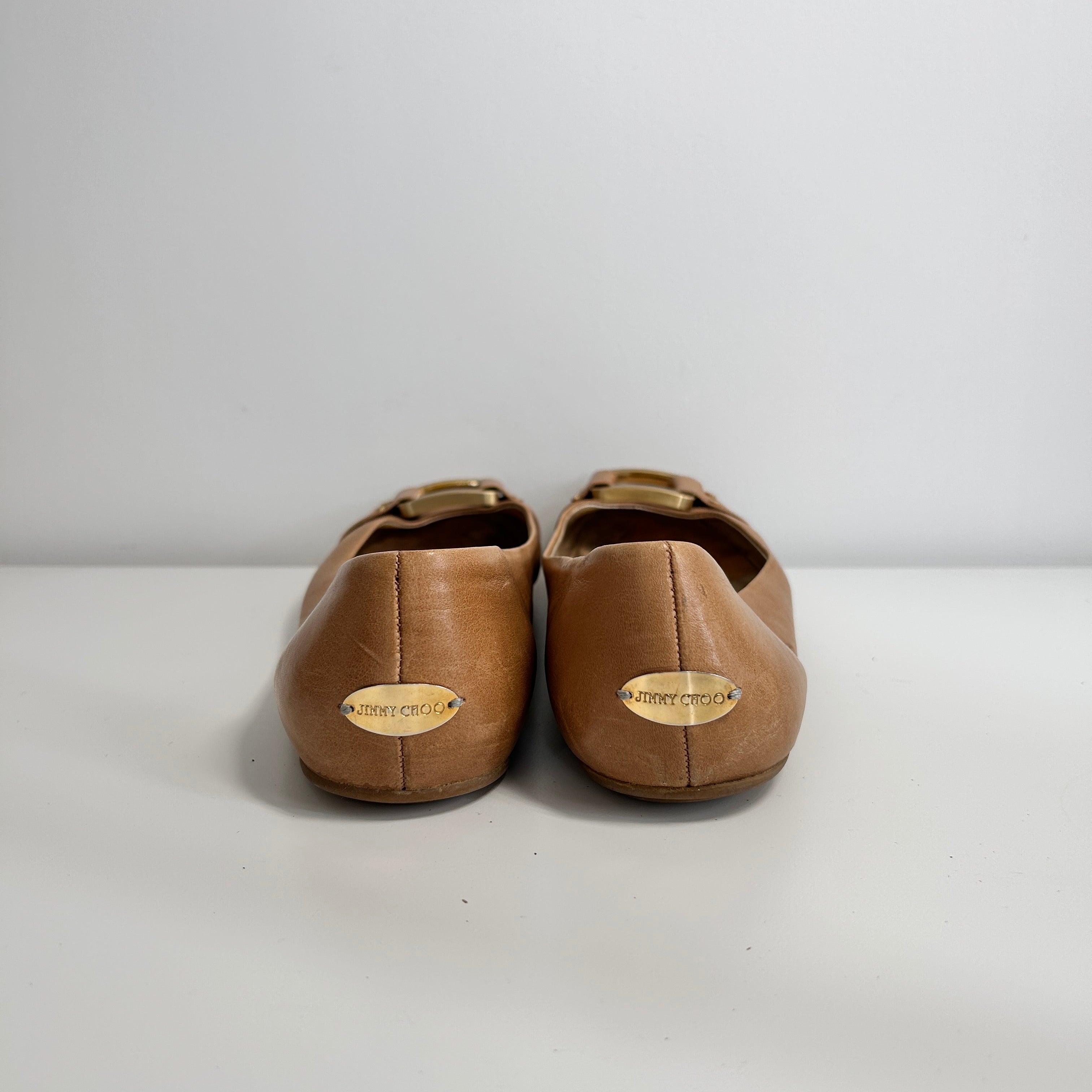 Beige Leather Buckle Detail Ballet Flats