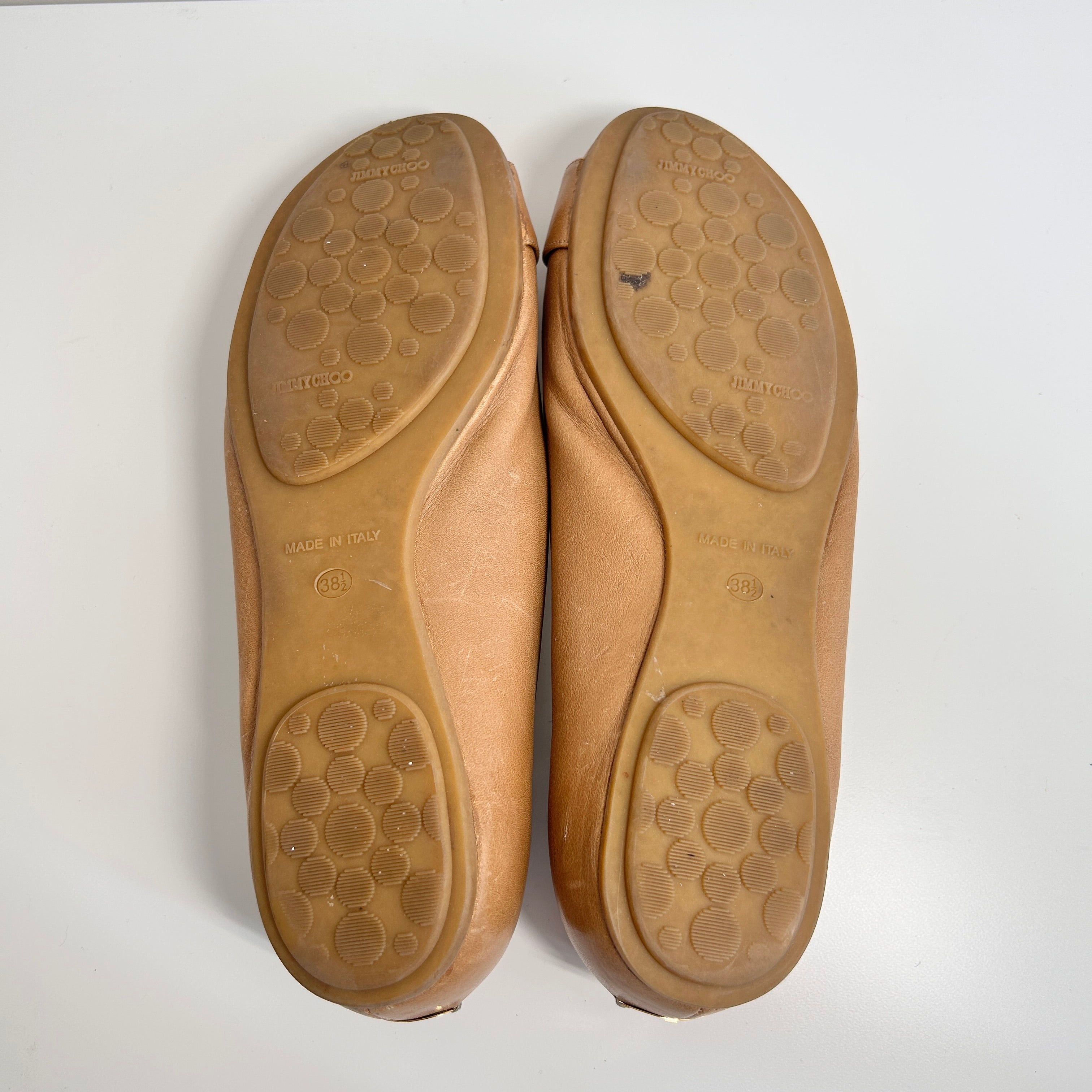 Beige Leather Buckle Detail Ballet Flats