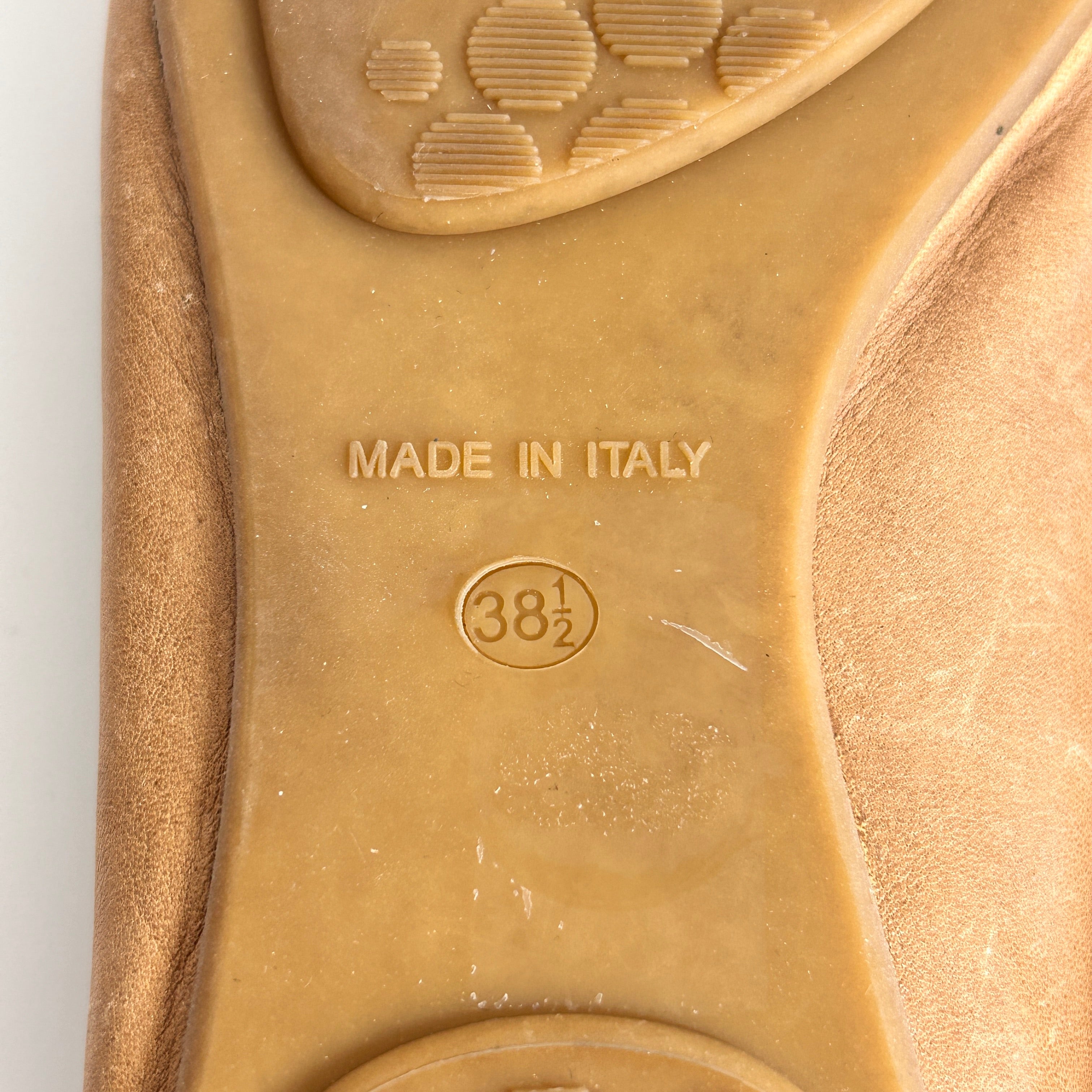 Beige Leather Buckle Detail Ballet Flats