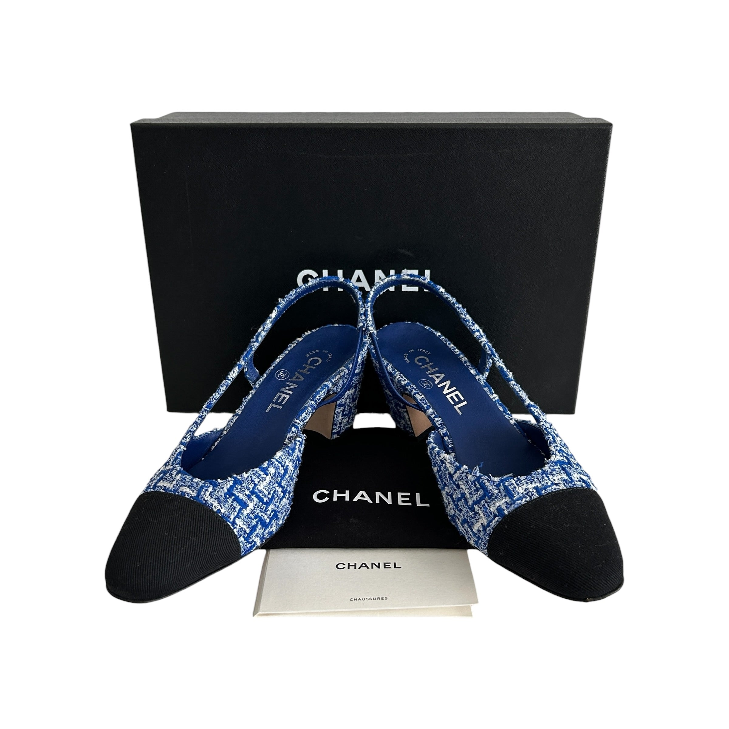 23P Blue/White Tweed Black Cap Toe Block Heel Slingbacks - Haute Classics