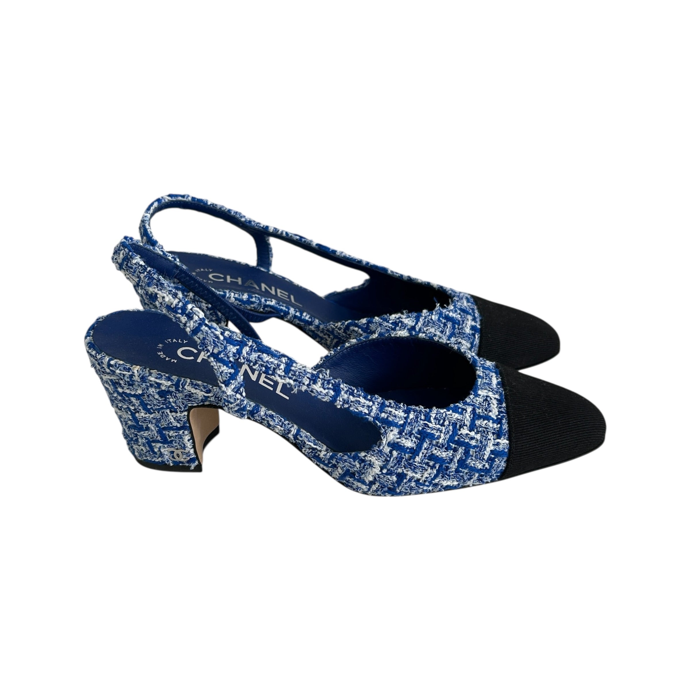 23P Blue/White Tweed Black Cap Toe Block Heel Slingbacks - Haute Classics