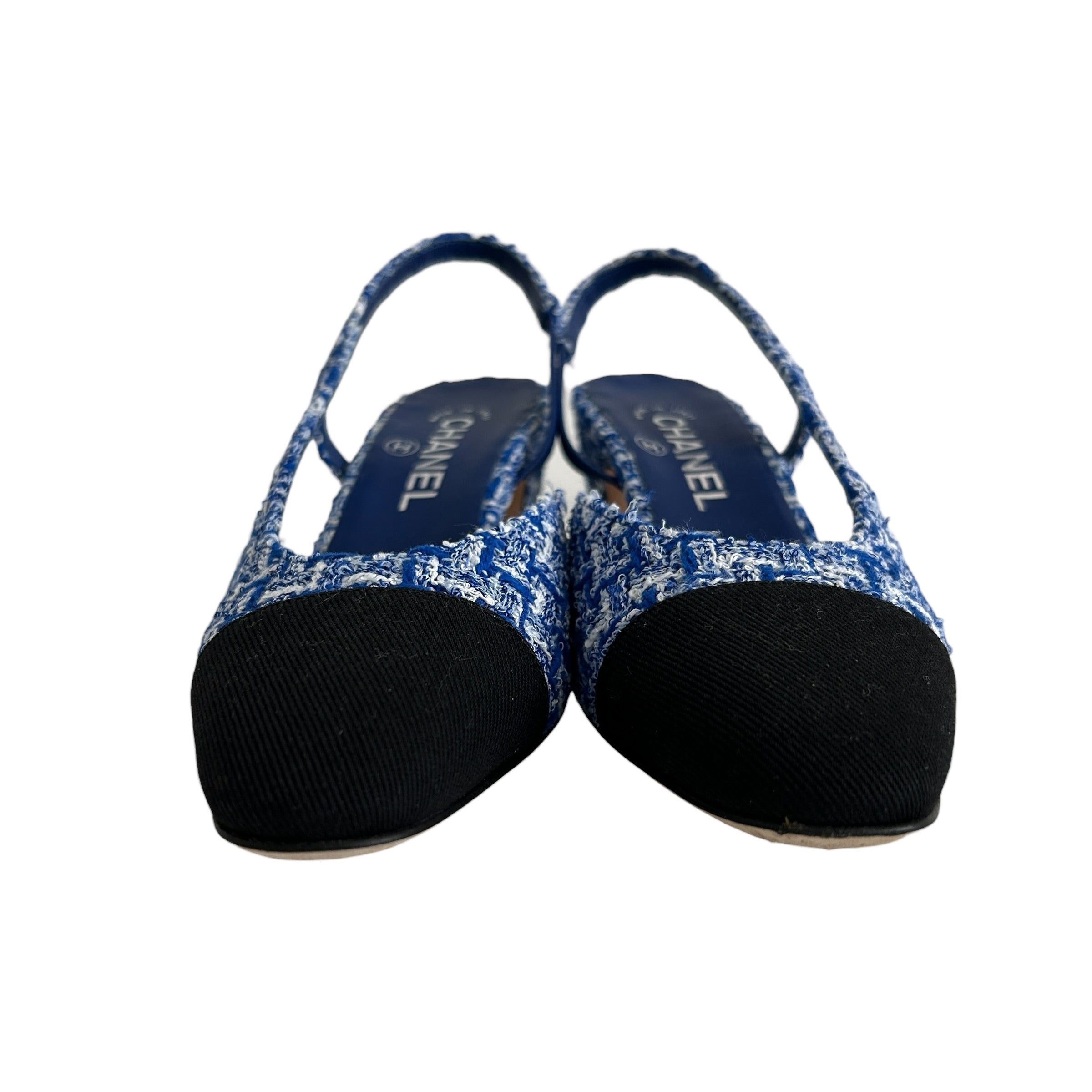 23P Blue/White Tweed Black Cap Toe Block Heel Slingbacks - Haute Classics