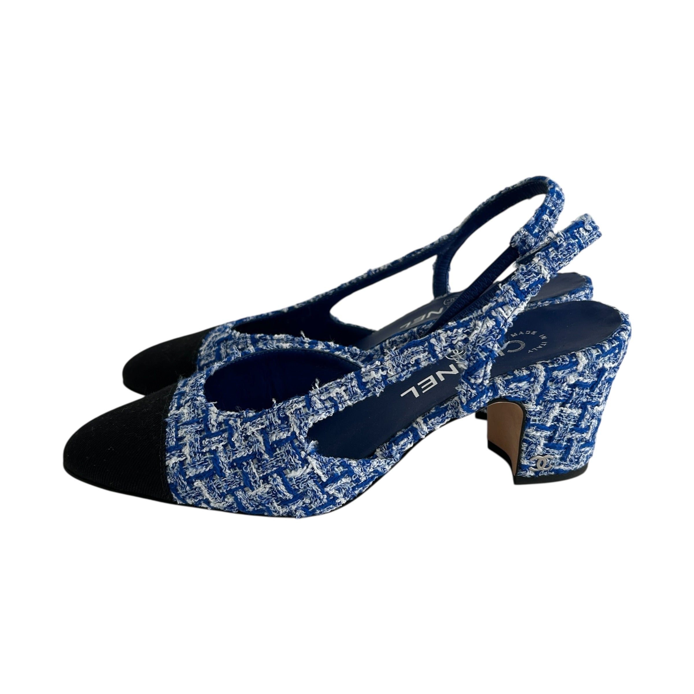 23P Blue/White Tweed Black Cap Toe Block Heel Slingbacks - Haute Classics