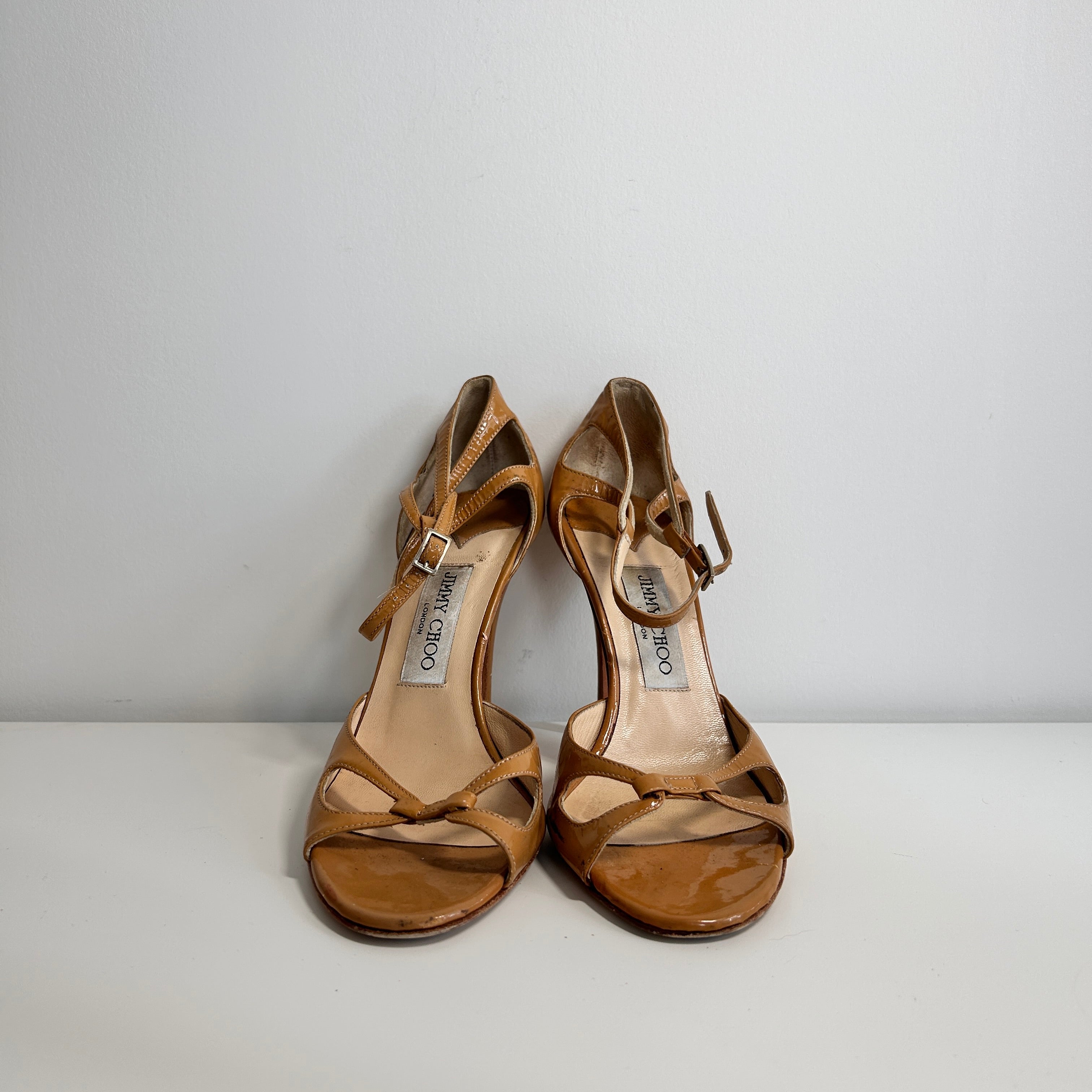 Beige Patent Leather Slingback Sandals