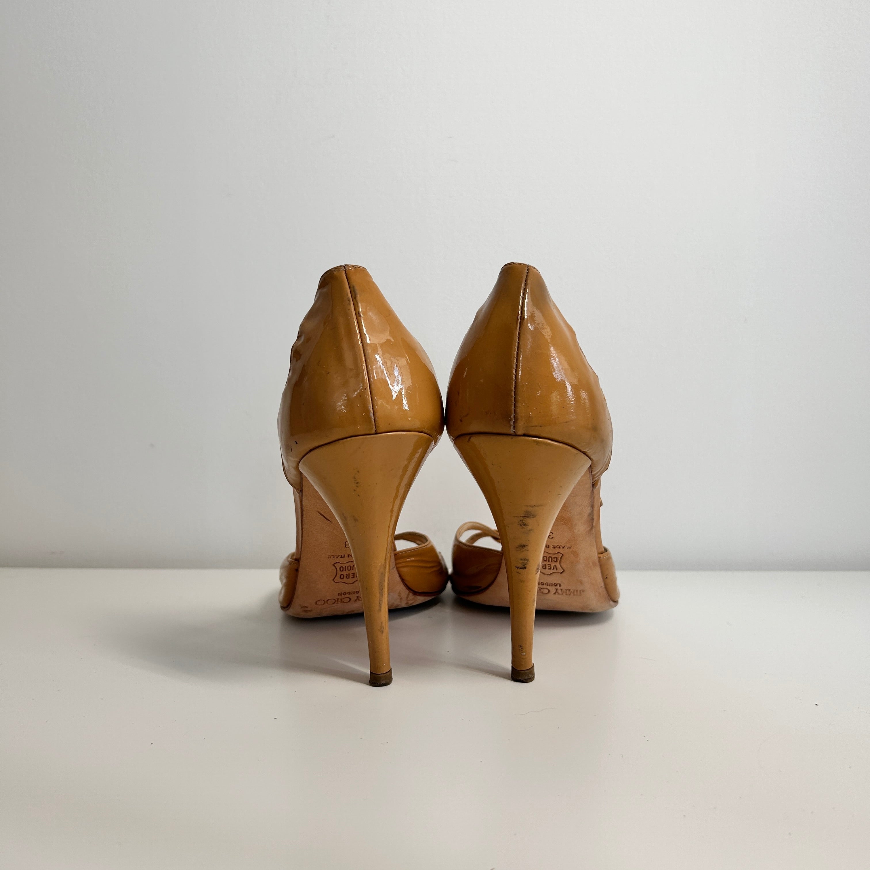 Beige Patent Leather Slingback Sandals
