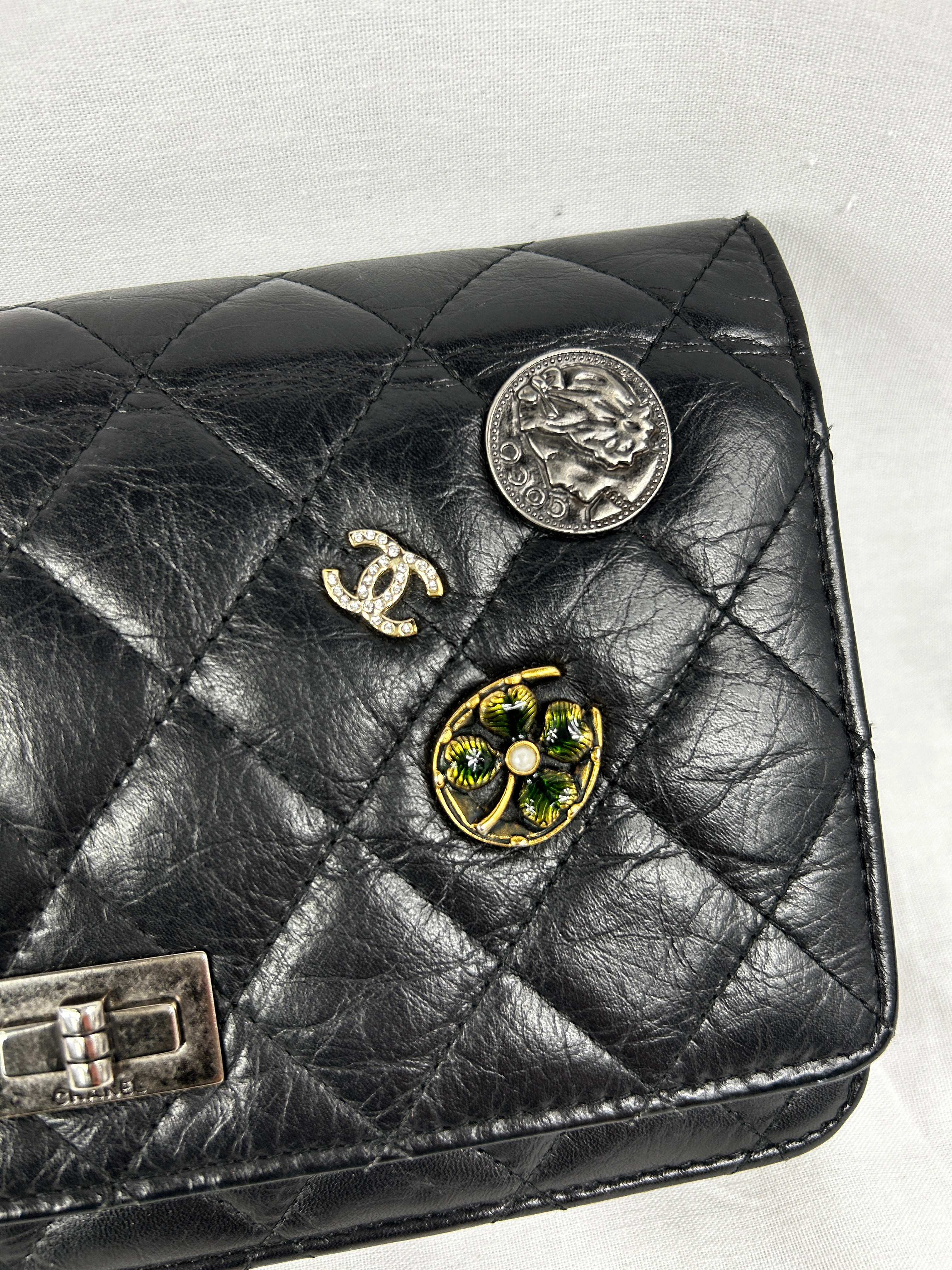 Black Quilted Aged Calfskin Charm Reissue Wallet On Chain w/RHW