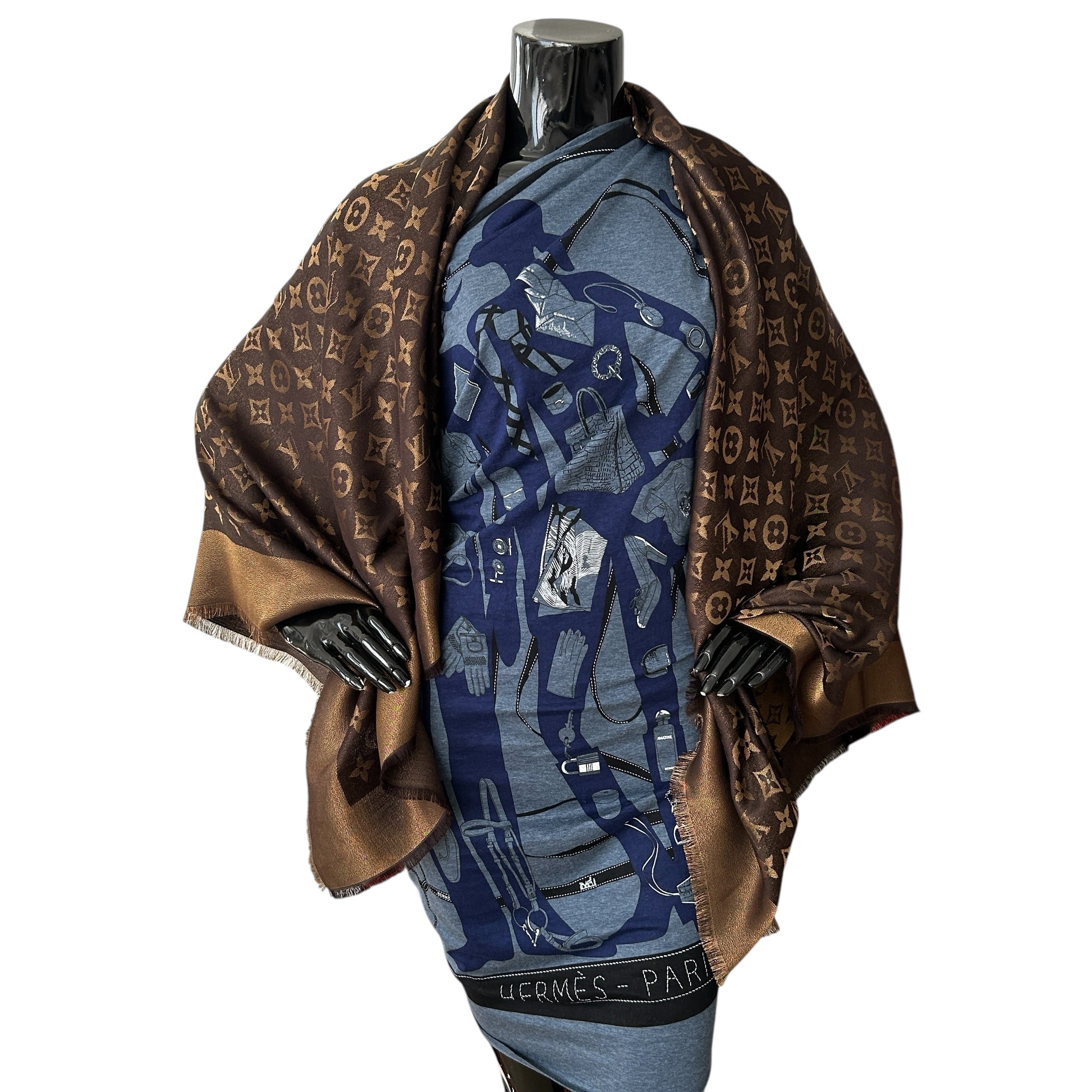 Brown Wool/Silk Blend Shine Monogram Shawl