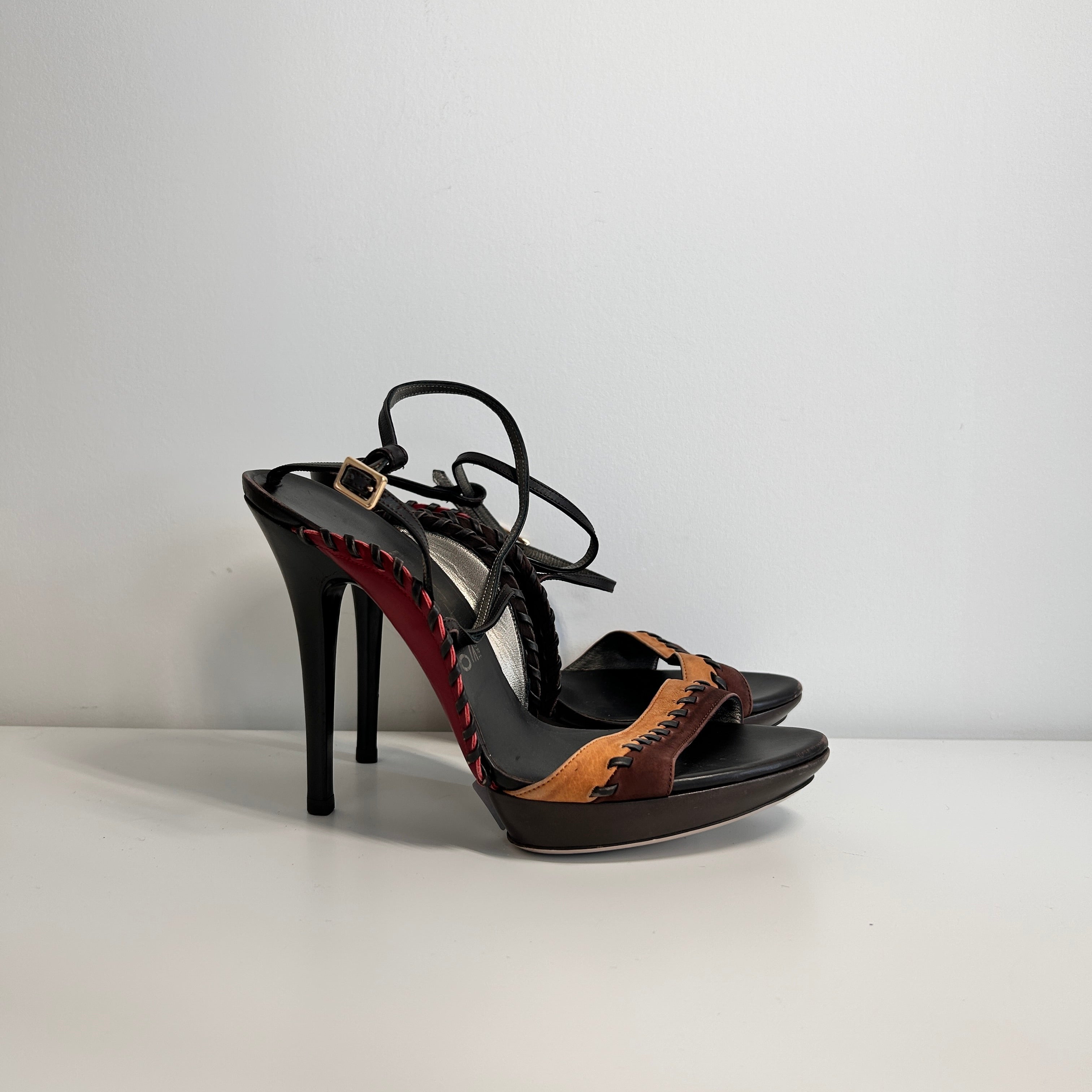 Brown Colorblock Ankle Wrap Sandals