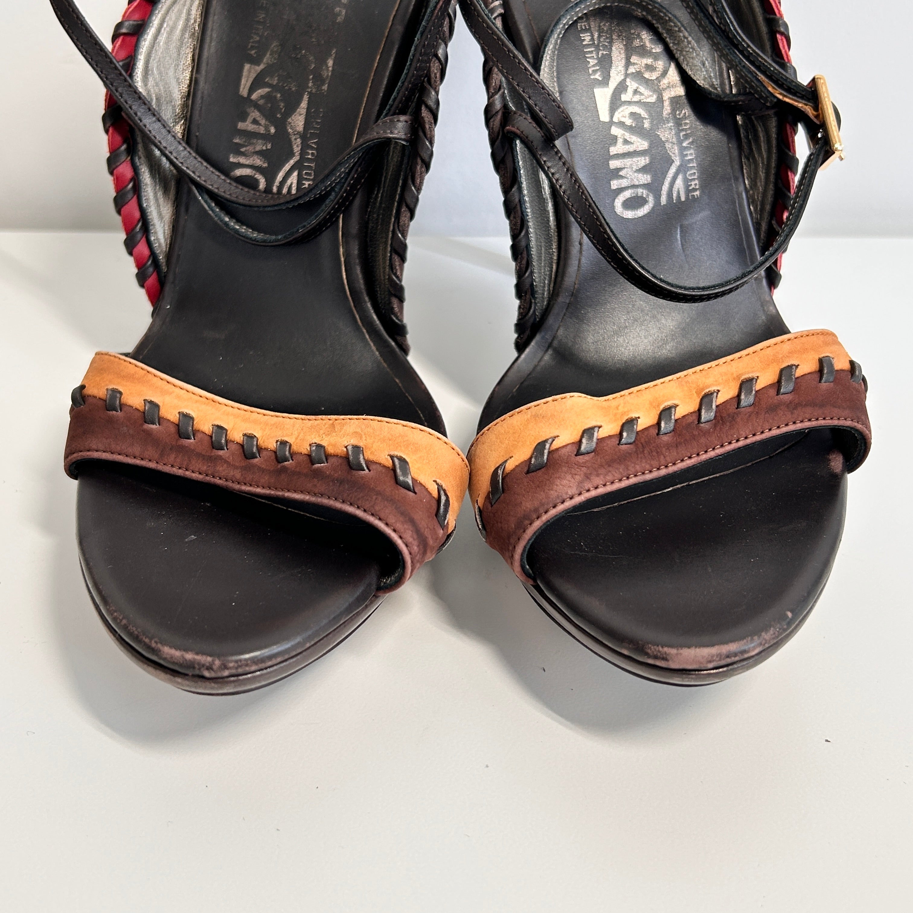 Brown Colorblock Ankle Wrap Sandals