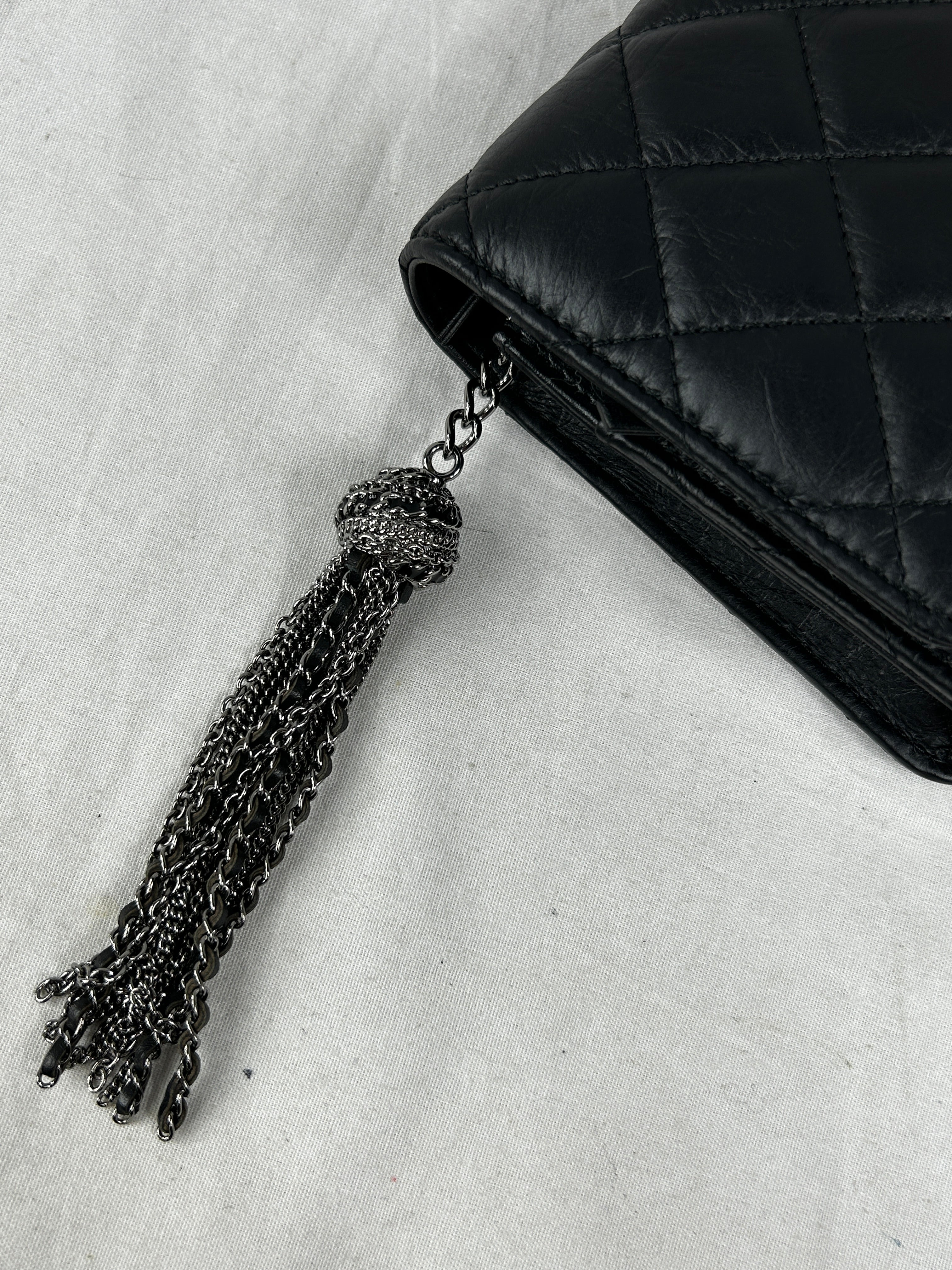 18K Black Iridescent Quilted Aged Calfskin Tassel Wallet on Chain w/SBHW