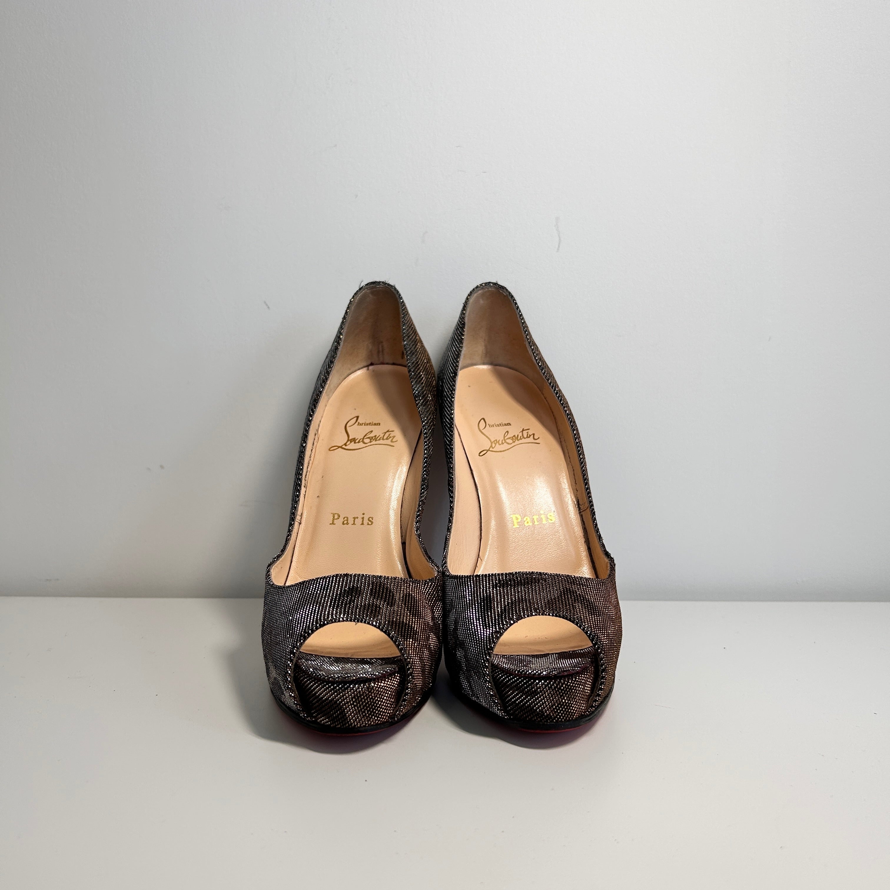 Metallic Silver/Brown Leopard Print Fabric Peep Toe Pumps