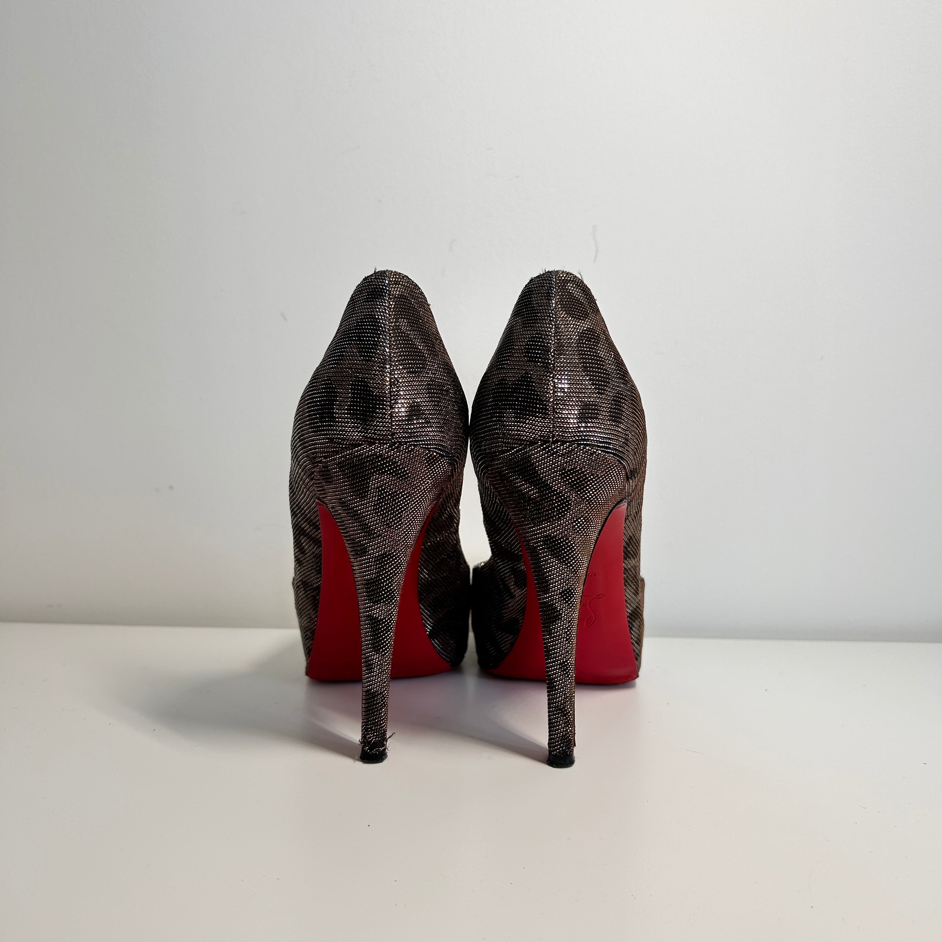 Metallic Silver/Brown Leopard Print Fabric Peep Toe Pumps