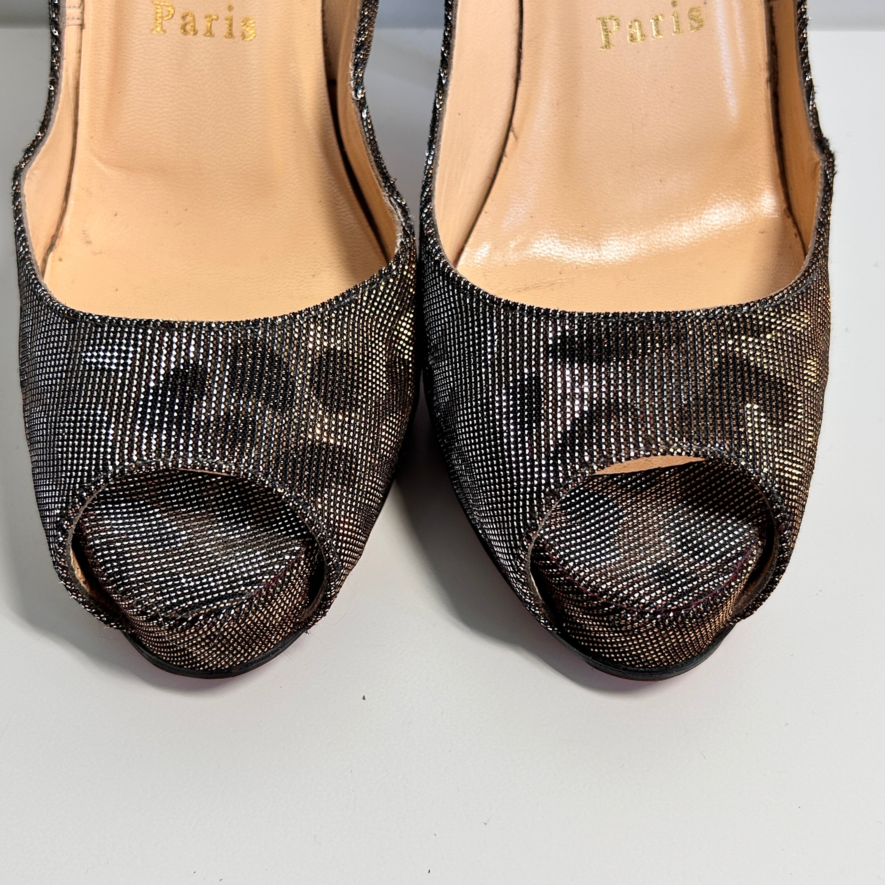 Metallic Silver/Brown Leopard Print Fabric Peep Toe Pumps