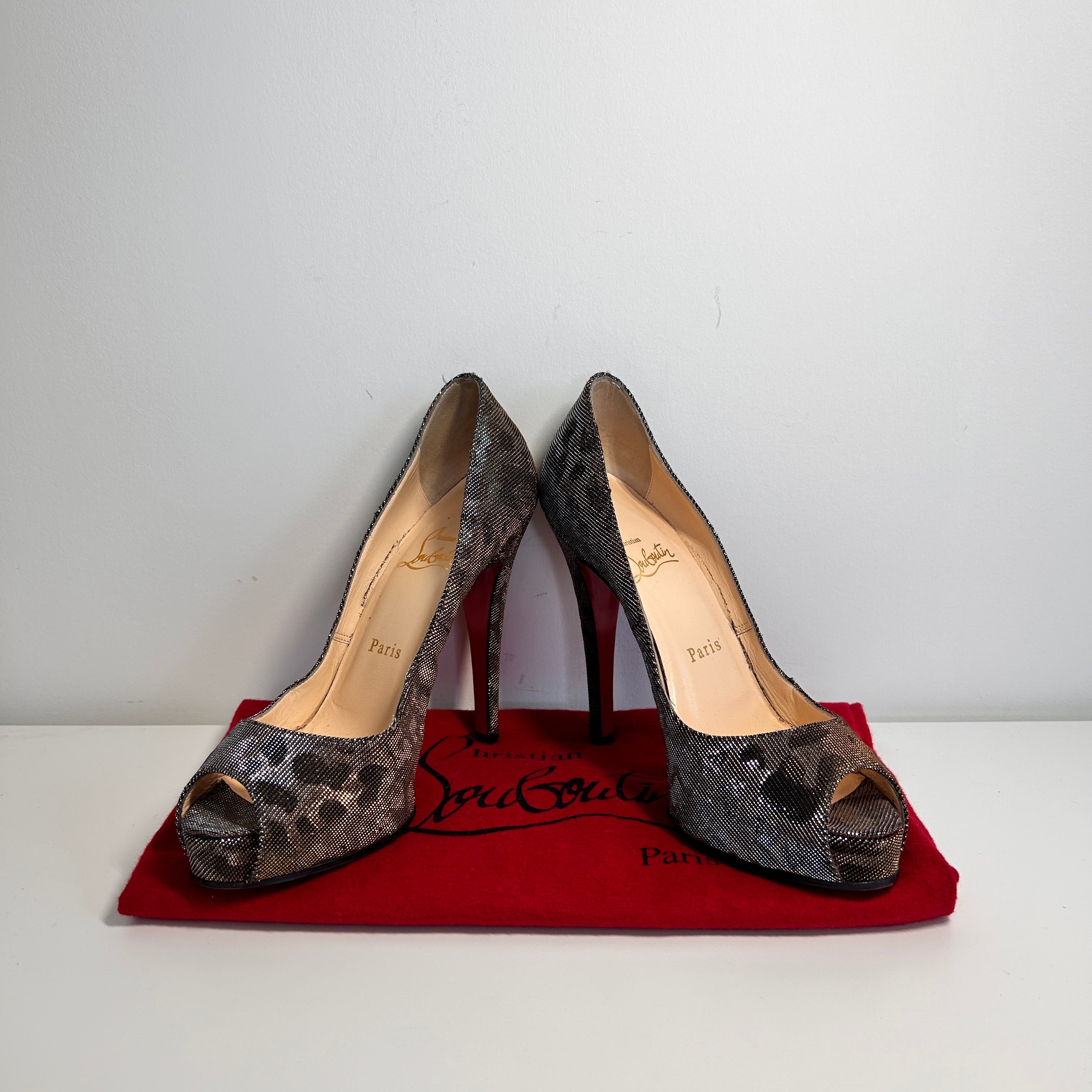 Metallic Silver/Brown Leopard Print Fabric Peep Toe Pumps