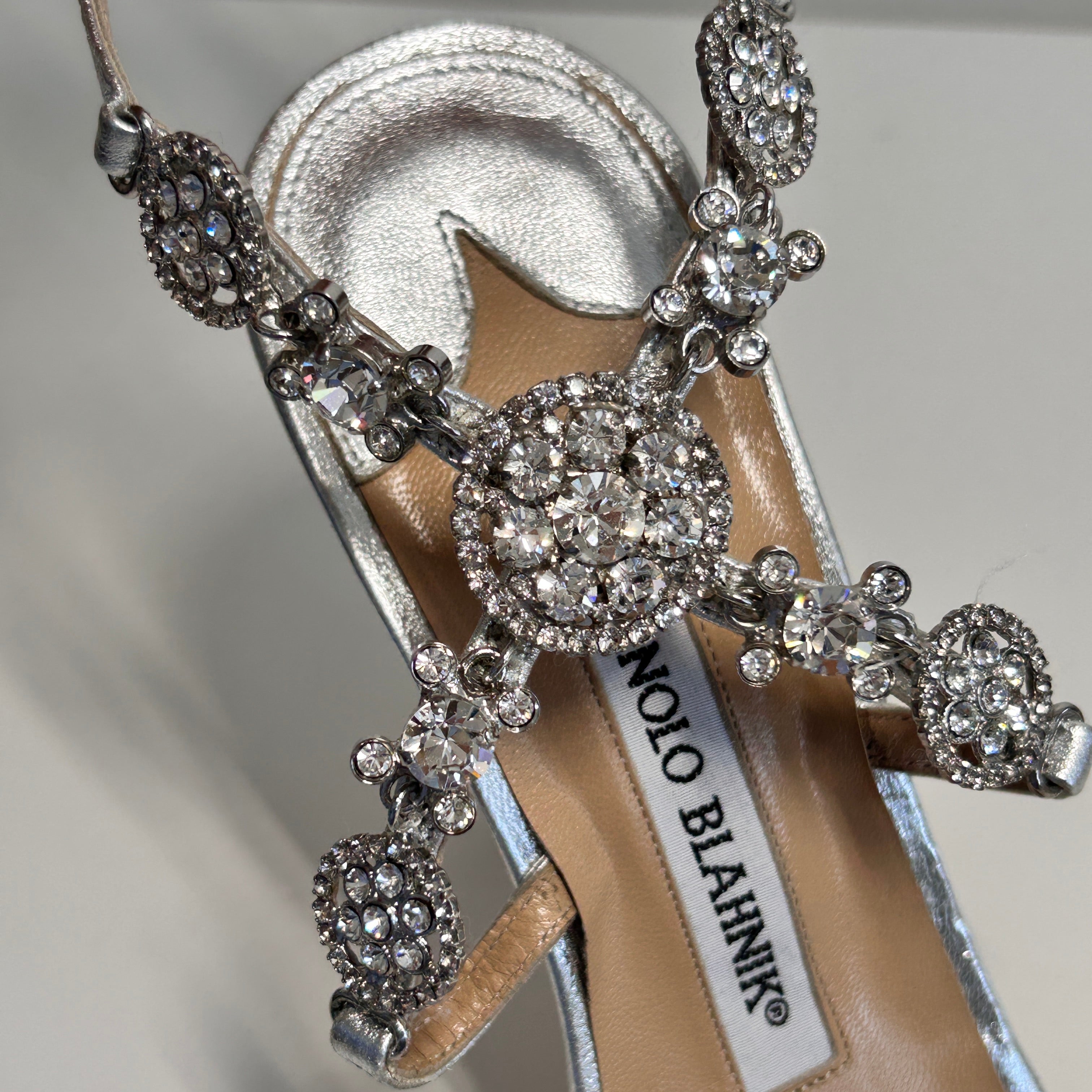 Silver Leather Crystal Embellishments Sandals