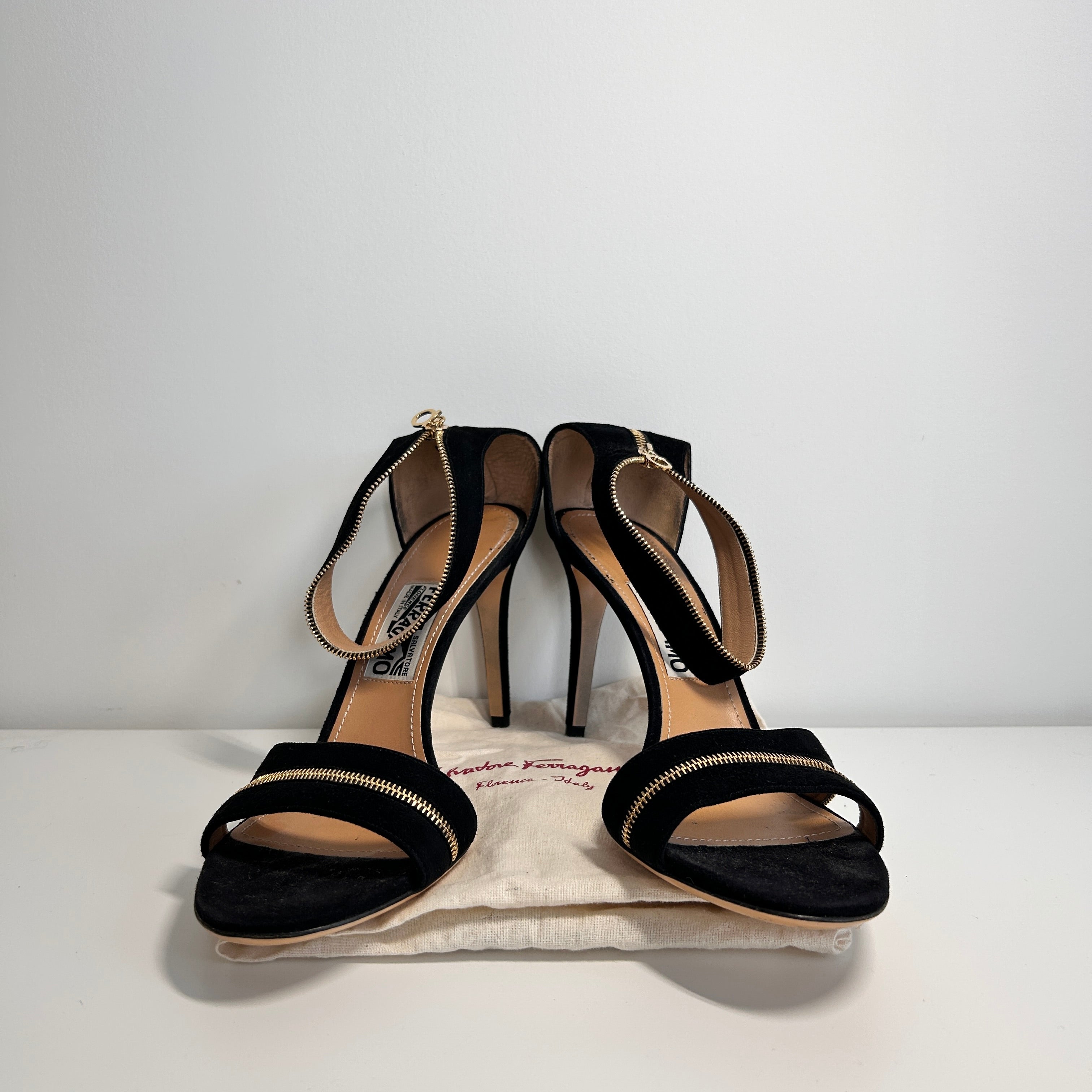Black Suede Zipper Detail Ankle Strap Sandals