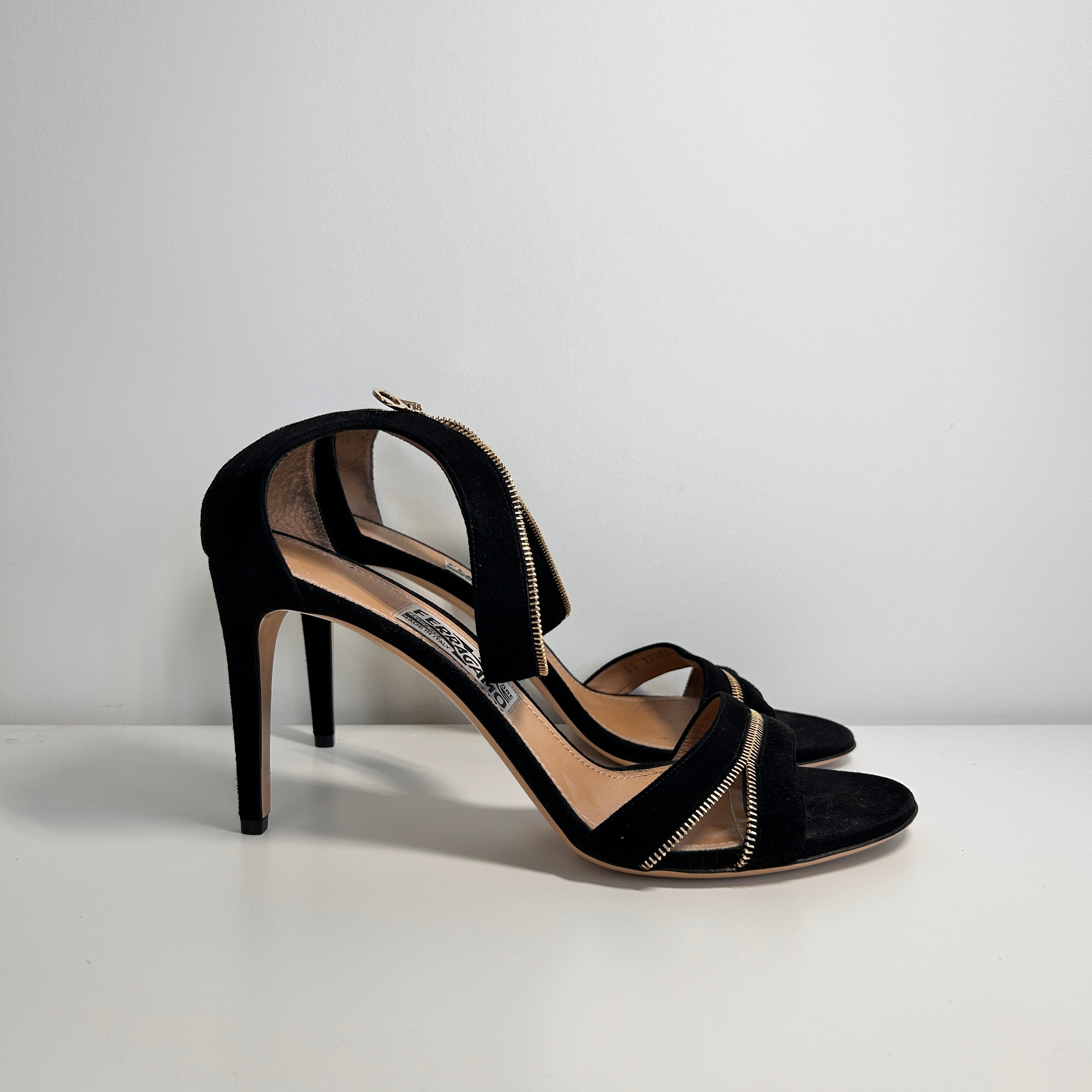 Black Suede Zipper Detail Ankle Strap Sandals