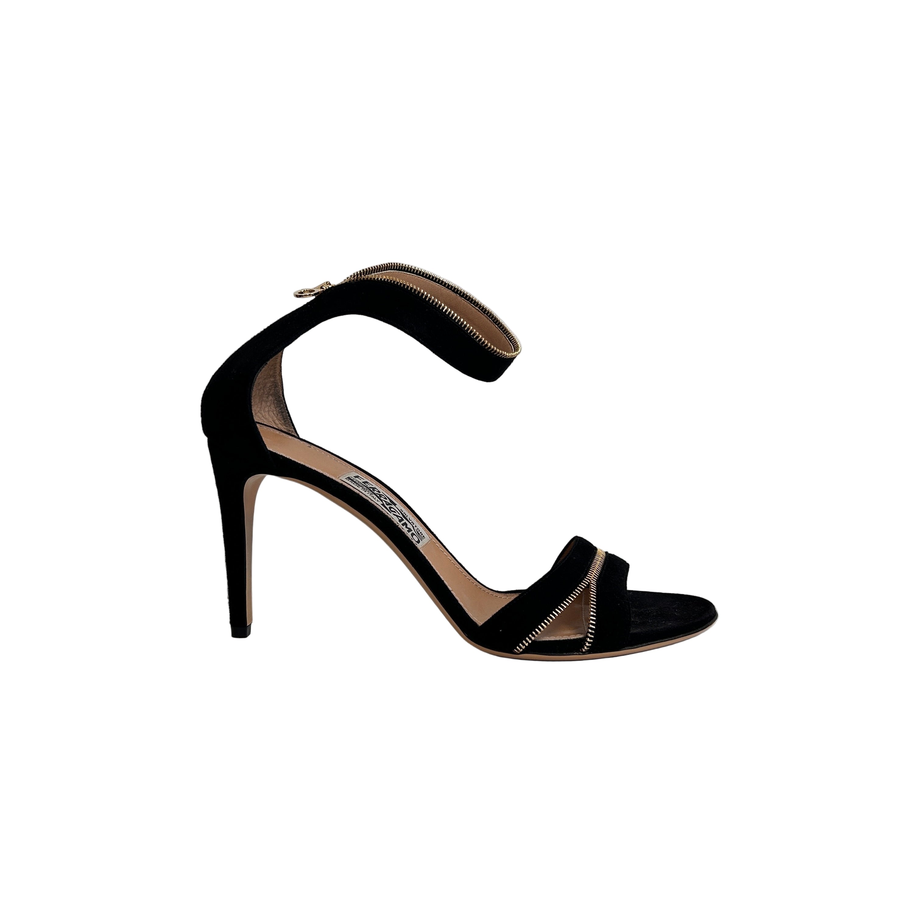 Black Suede Zipper Detail Ankle Strap Sandals