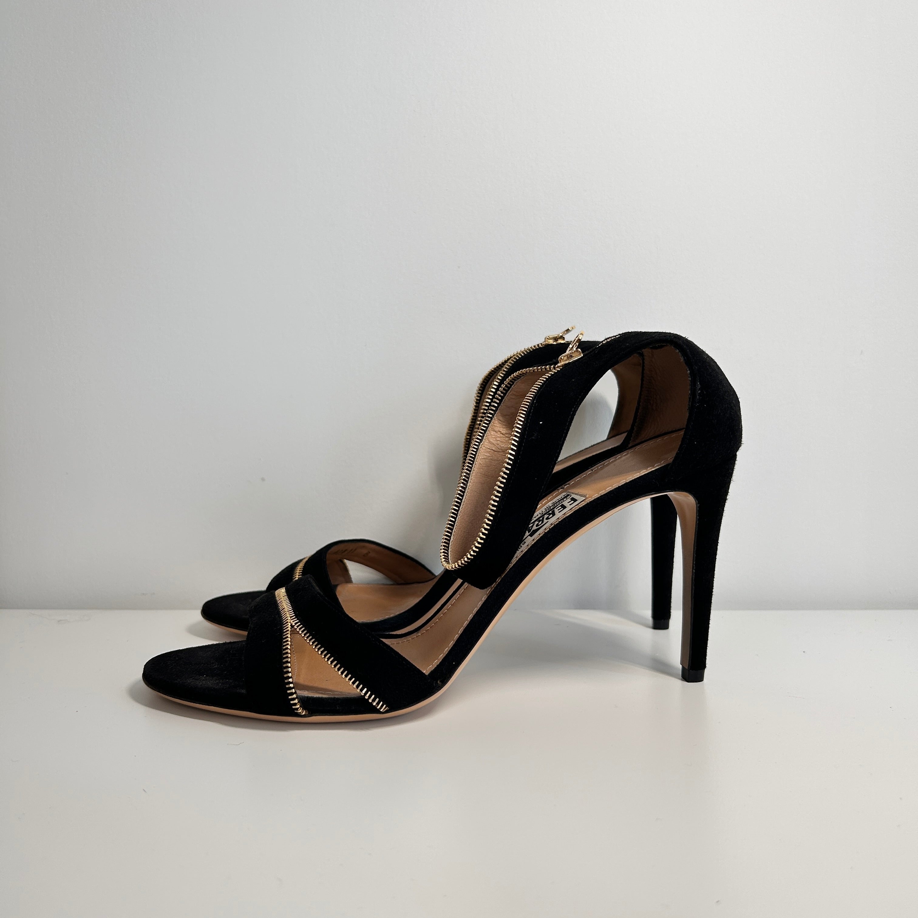 Black Suede Zipper Detail Ankle Strap Sandals