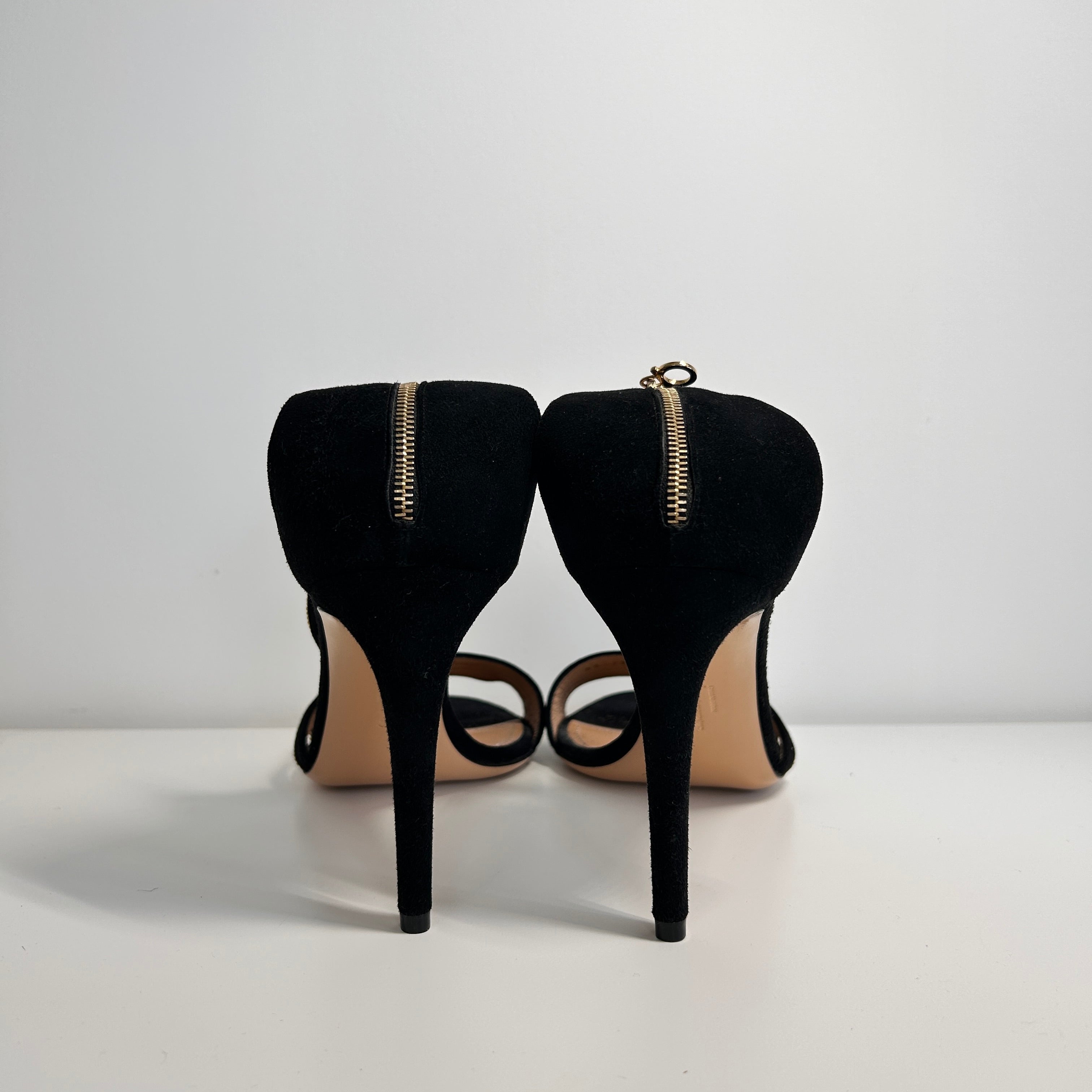 Black Suede Zipper Detail Ankle Strap Sandals