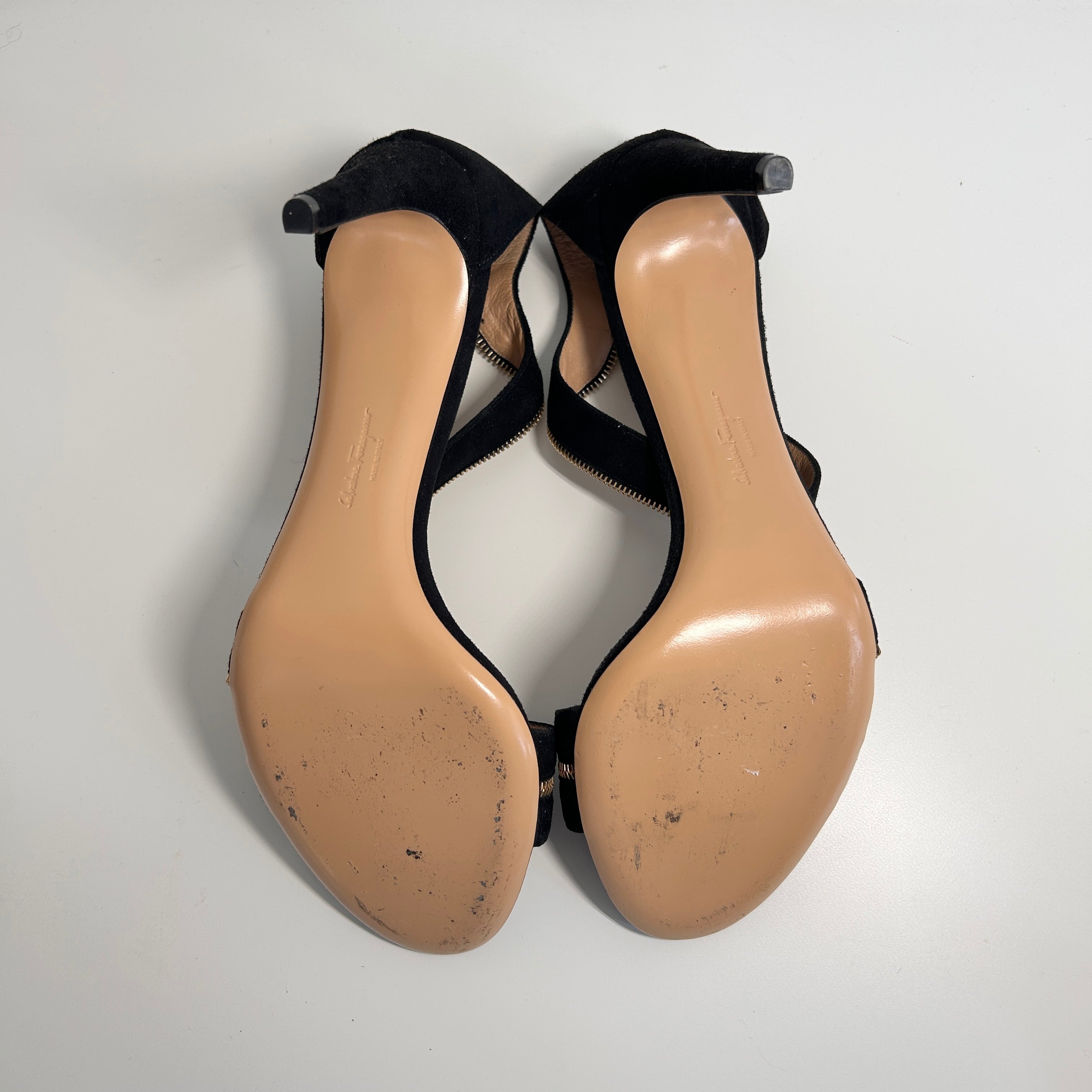 Black Suede Zipper Detail Ankle Strap Sandals