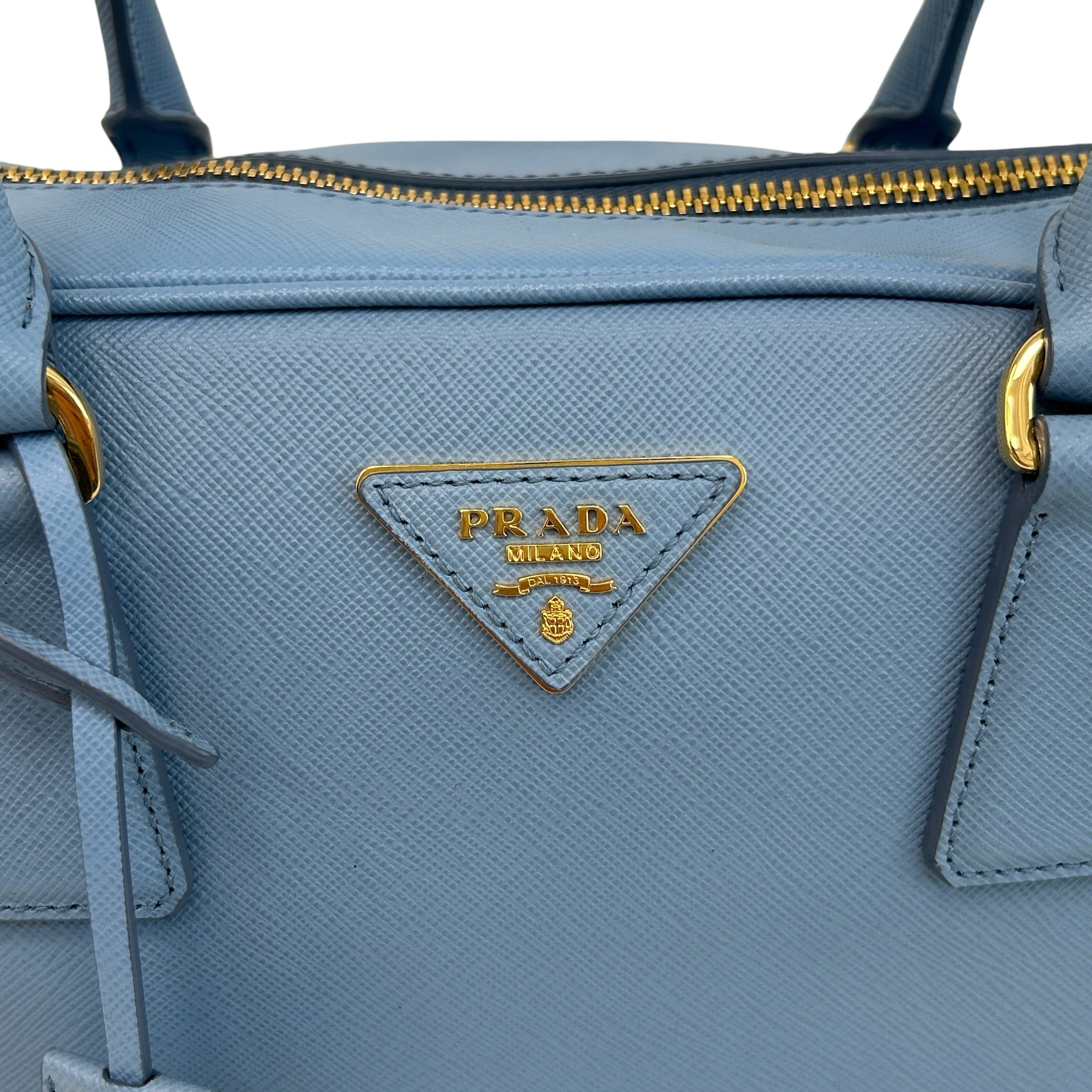 Prada light blue lux oro buletto shoulder bag, Made in Italy, Condition: like new [w/Box, dustbag, authenticity card, carebooklet, strap, keys & lock] - Haute Classics