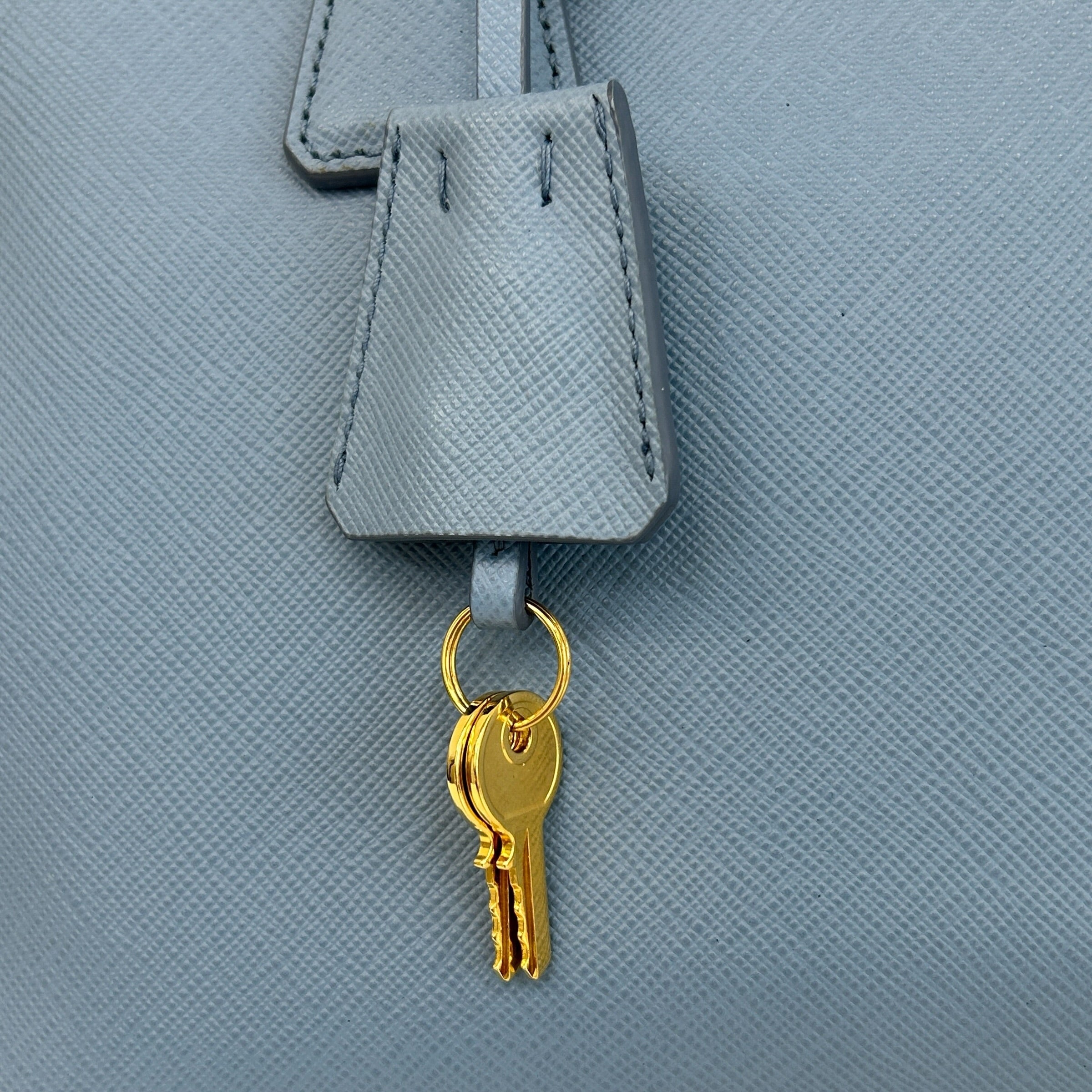 Prada light blue lux oro buletto shoulder bag, Made in Italy, Condition: like new [w/Box, dustbag, authenticity card, carebooklet, strap, keys & lock] - Haute Classics