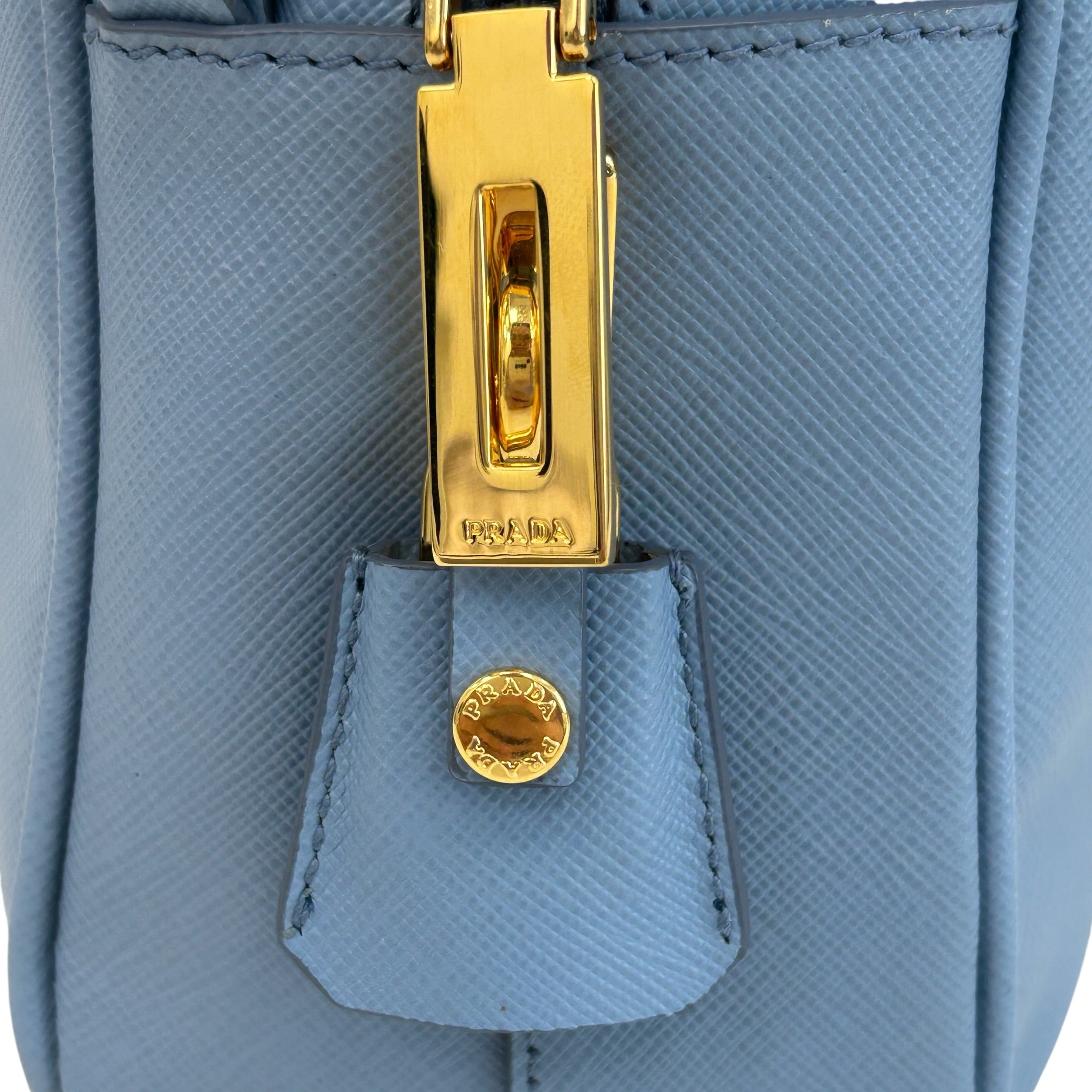 Prada light blue lux oro buletto shoulder bag, Made in Italy, Condition: like new [w/Box, dustbag, authenticity card, carebooklet, strap, keys & lock] - Haute Classics