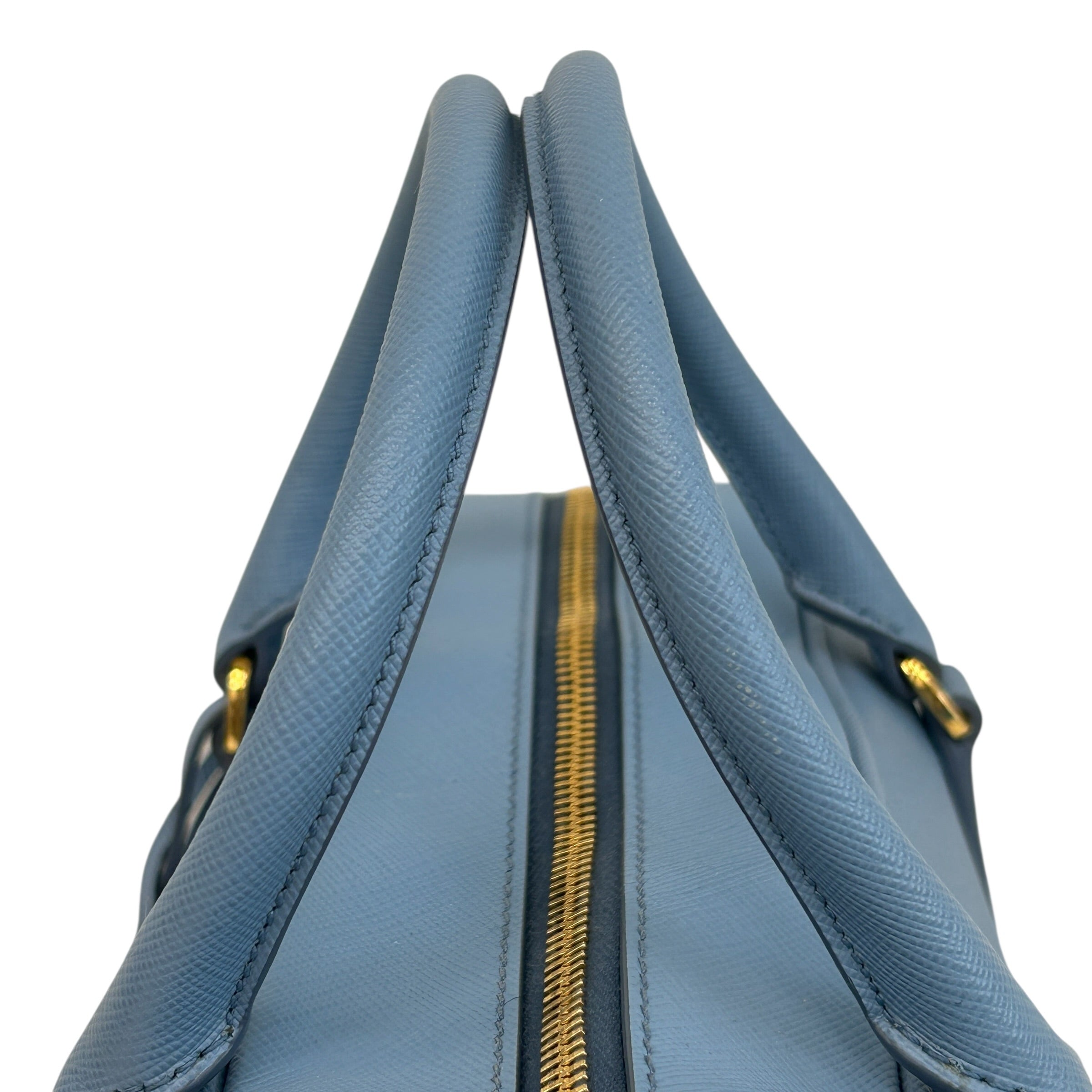 Prada light blue lux oro buletto shoulder bag, Made in Italy, Condition: like new [w/Box, dustbag, authenticity card, carebooklet, strap, keys & lock] - Haute Classics