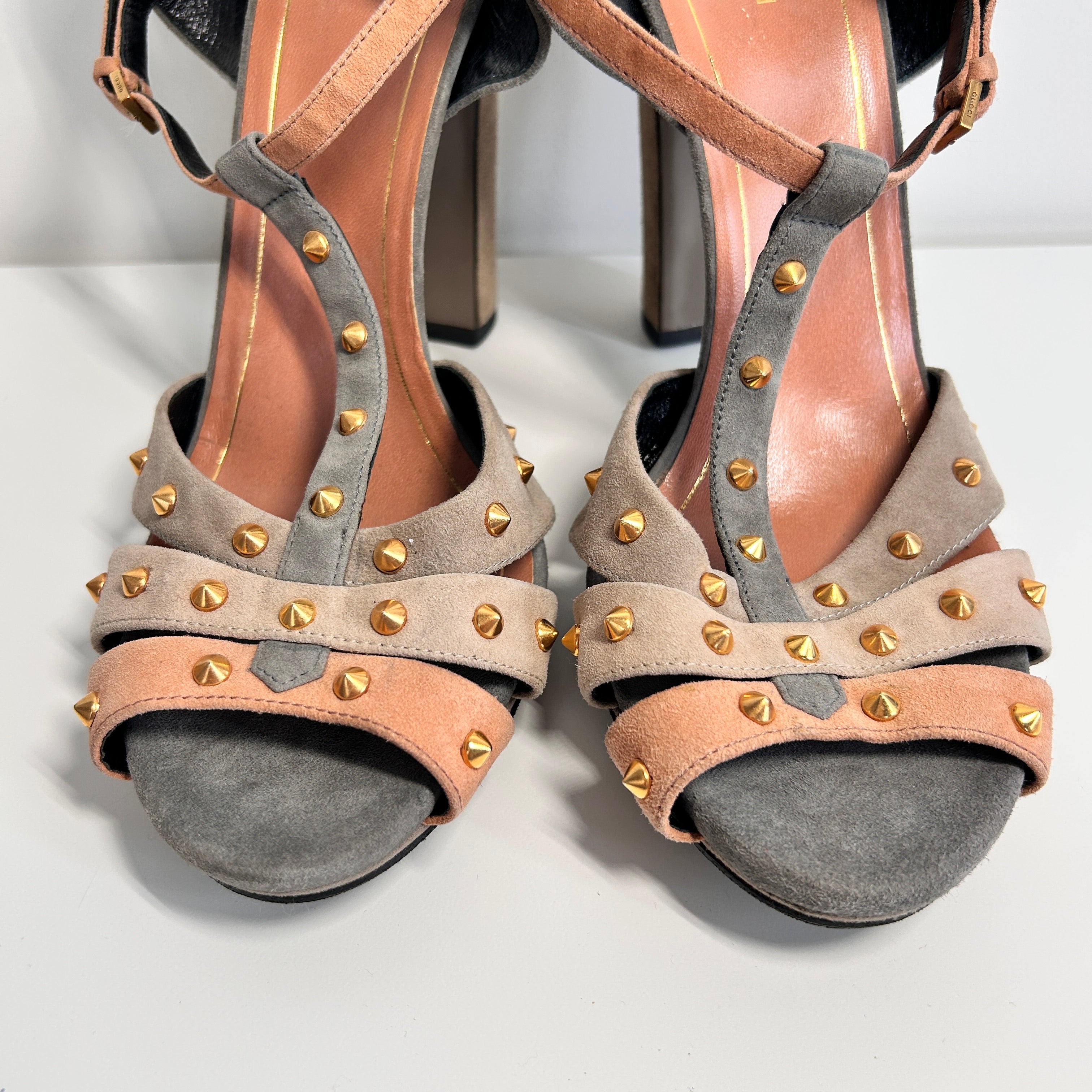 Suede Studded Accents T-Strap Sandals