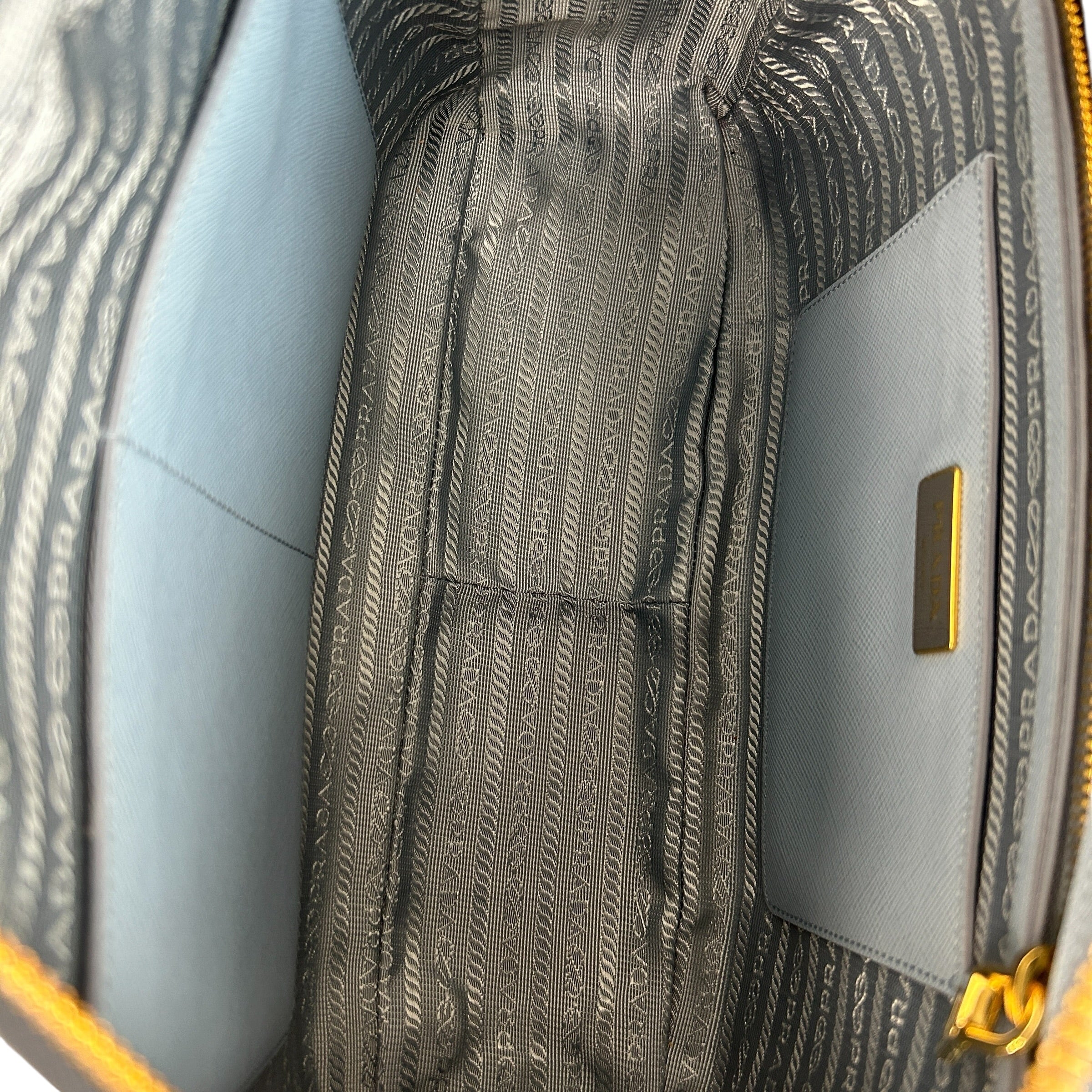 Prada light blue lux oro buletto shoulder bag, Made in Italy, Condition: like new [w/Box, dustbag, authenticity card, carebooklet, strap, keys & lock] - Haute Classics