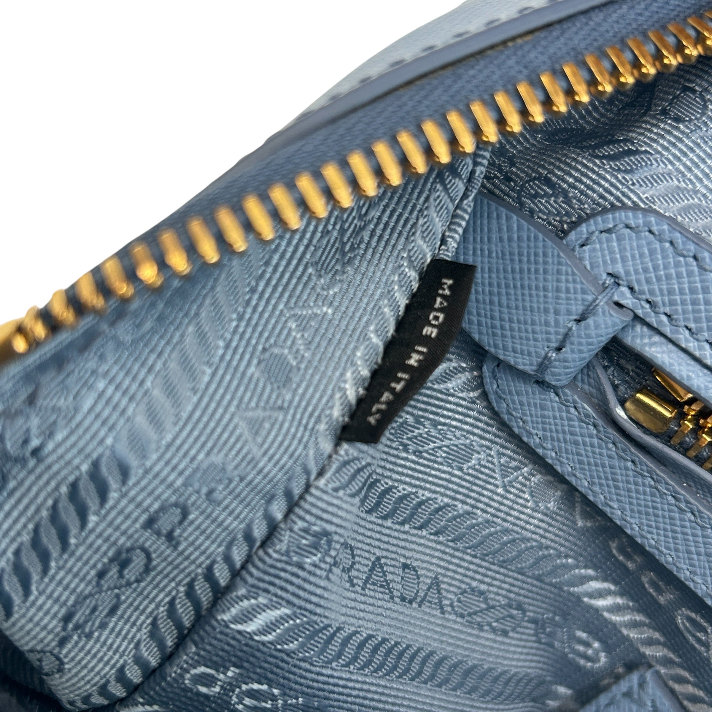 Prada light blue lux oro buletto shoulder bag, Made in Italy, Condition: like new [w/Box, dustbag, authenticity card, carebooklet, strap, keys & lock] - Haute Classics