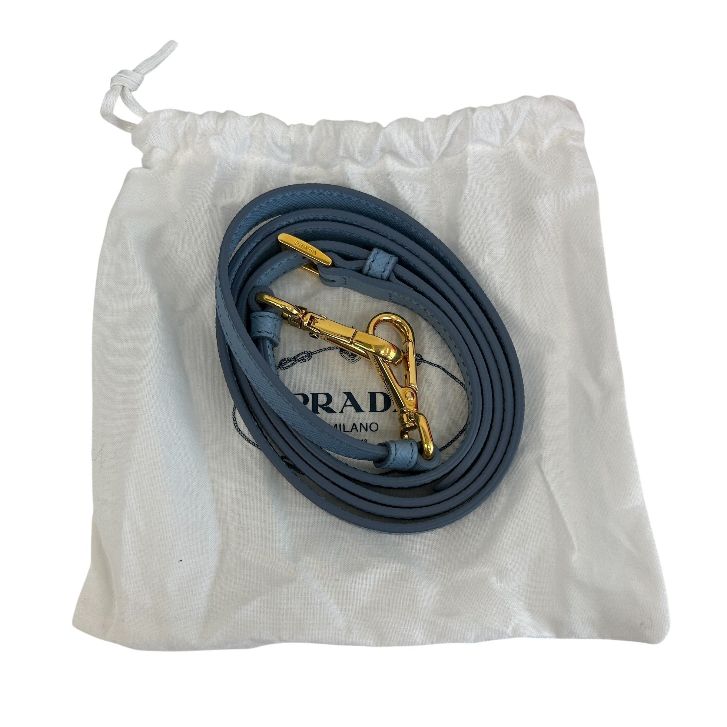 Prada light blue lux oro buletto shoulder bag, Made in Italy, Condition: like new [w/Box, dustbag, authenticity card, carebooklet, strap, keys & lock] - Haute Classics