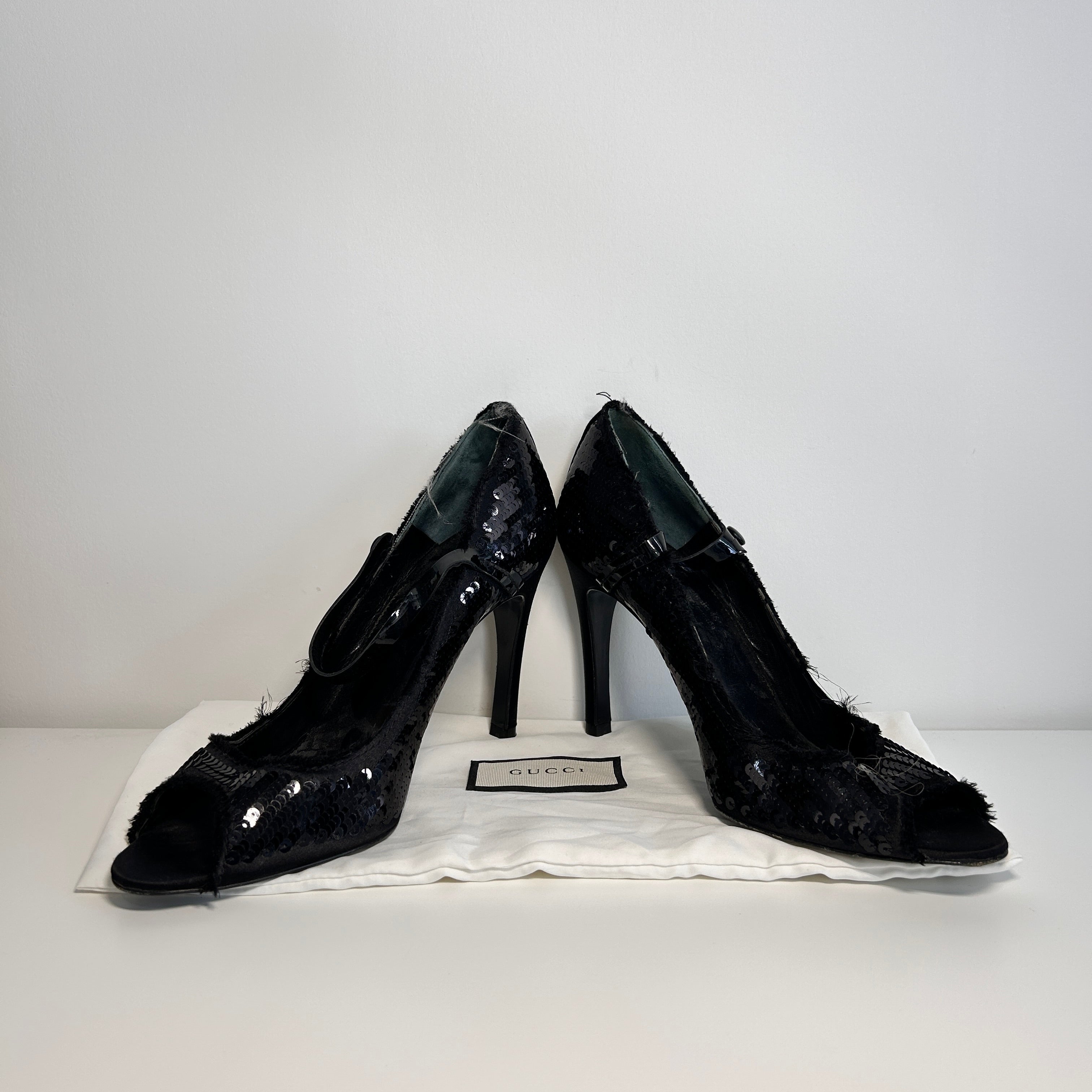 Black Leather Sequin Peeptoe Pumps